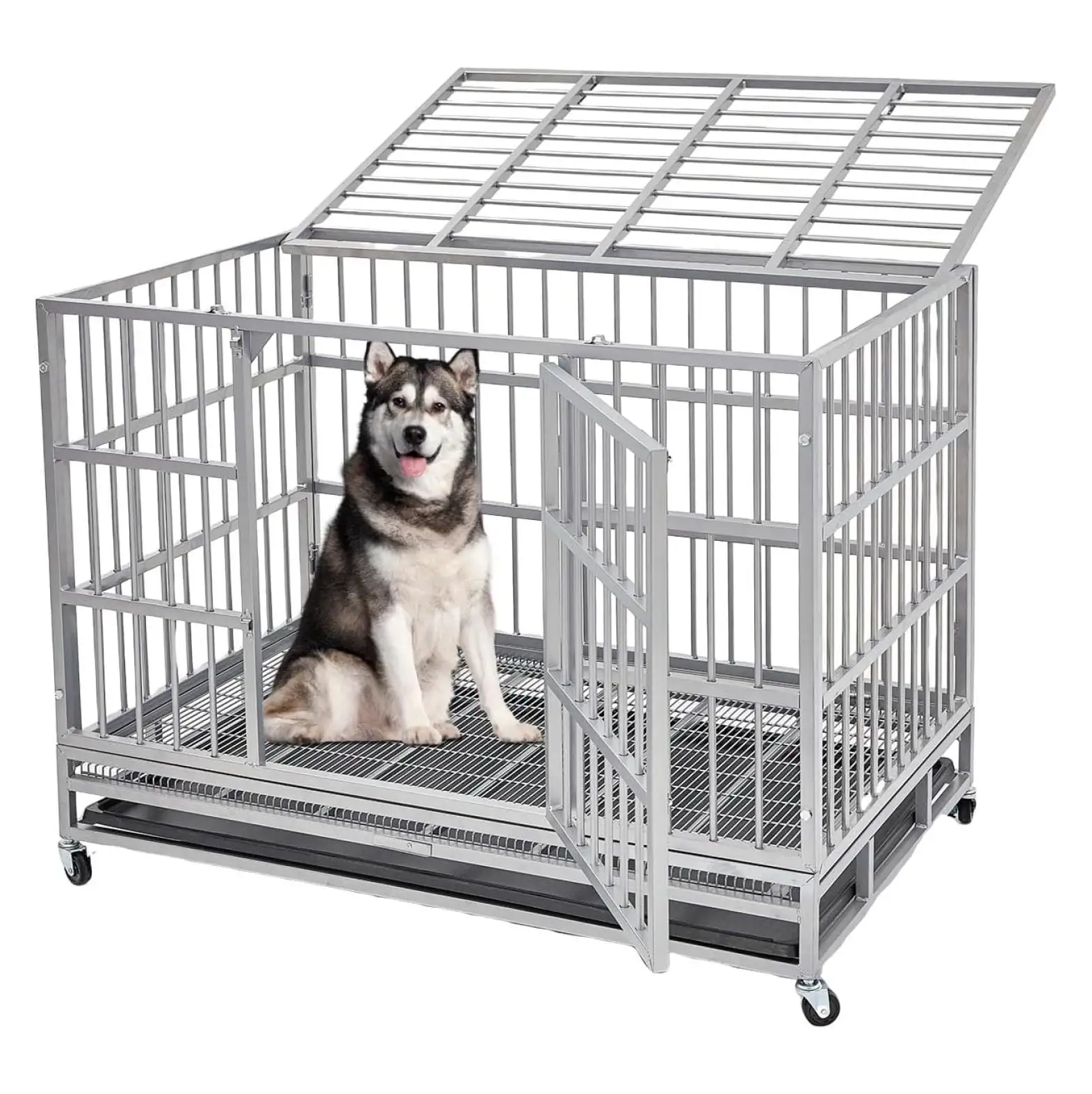 38 Inch Heavy Duty Indestructible and Escape-Proof Dog Crate Kennel High Anxiety Dog Cage with Lockable Wheel.Double Door Pet Kennel Removable Trays.Sliver