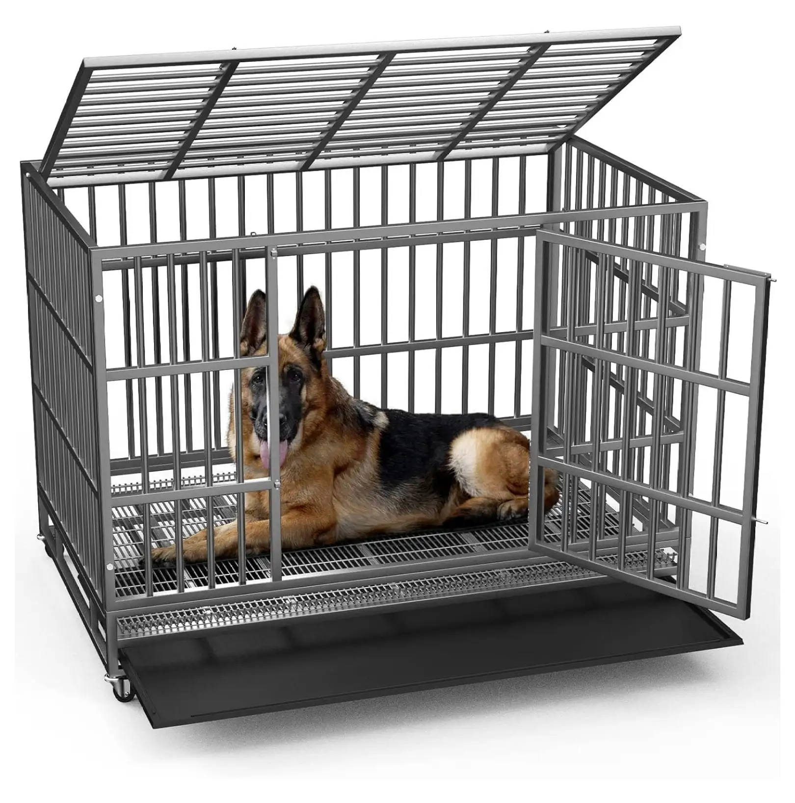 /38 inch Heavy Duty Indestructible Dog Crate. Escape Proof Dog Cage Kennel with Lockable Wheels.High Anxiety Double Door Dog Crate.Extra Large Crate Indoor for Large Dog with Removable Tray