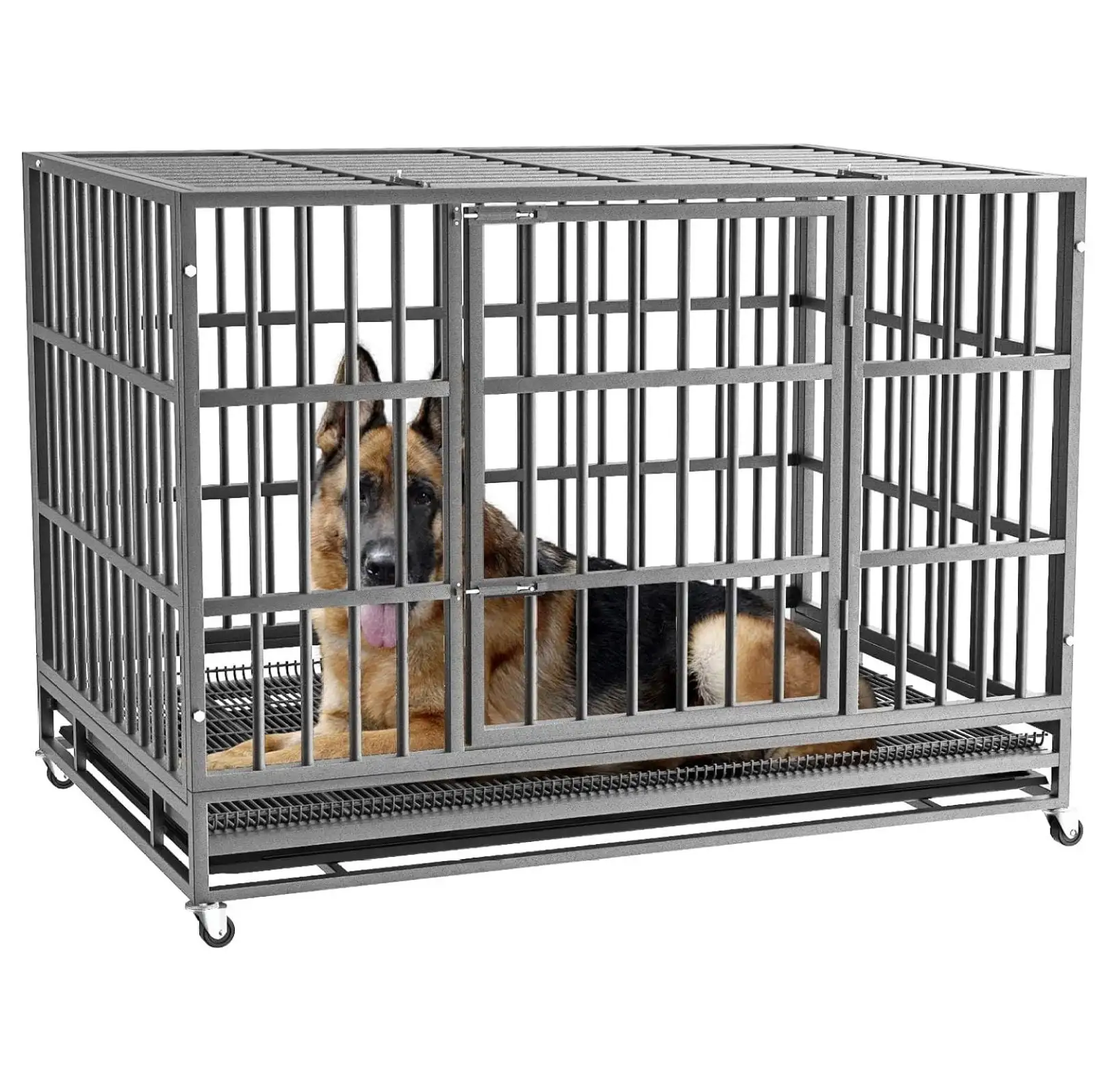 /38 inch Heavy Duty Indestructible Dog Crate. Escape Proof Dog Cage Kennel with Lockable Wheels.High Anxiety Double Door Dog Crate.Extra Large Crate Indoor for Large Dog with Removable Tray