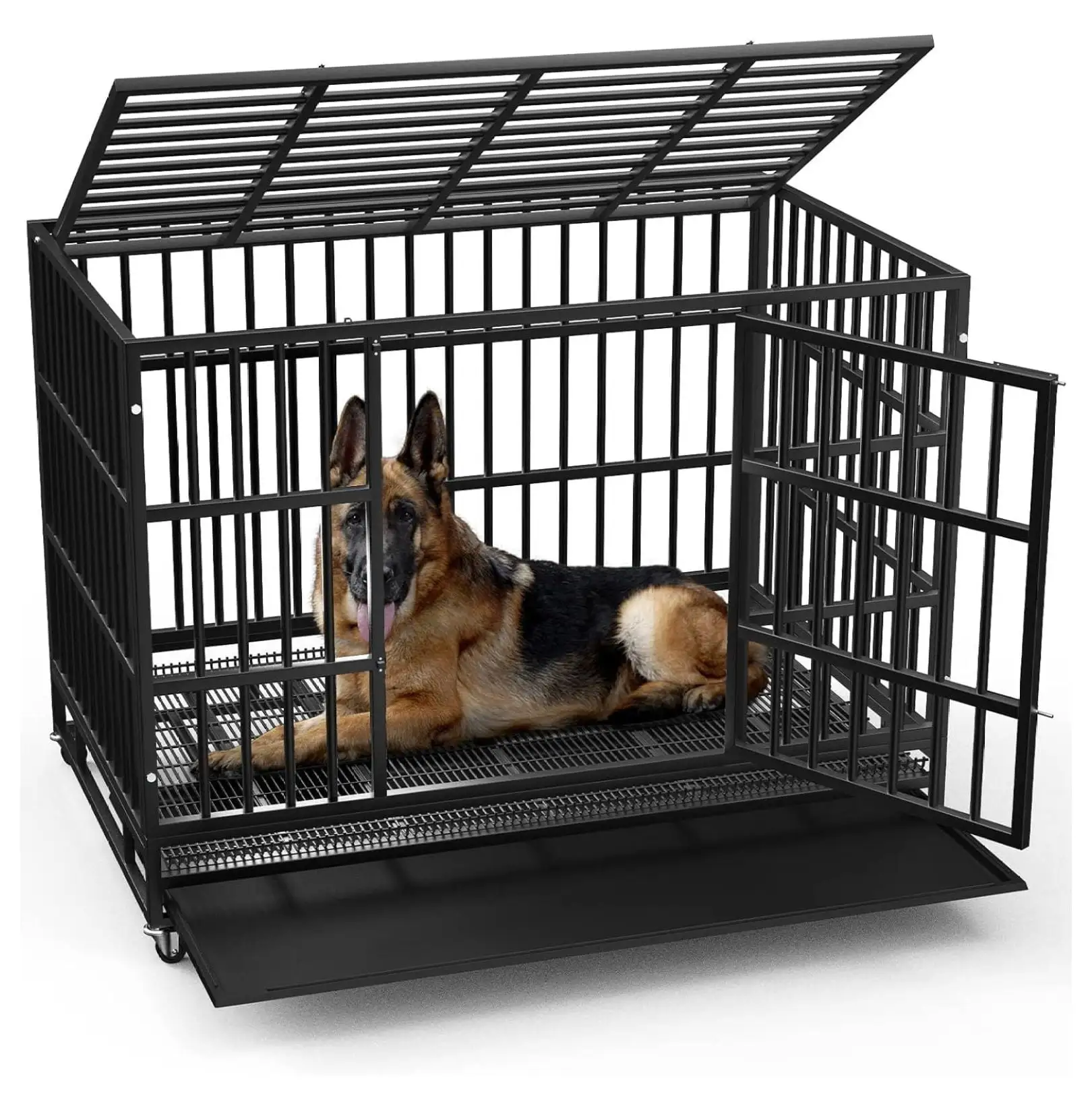 /38 inch Heavy Duty Indestructible Dog Crate. Escape Proof Dog Cage Kennel with Lockable Wheels.High Anxiety Double Door Dog Crate.Extra Large Crate Indoor for Large Dog with Removable Tray