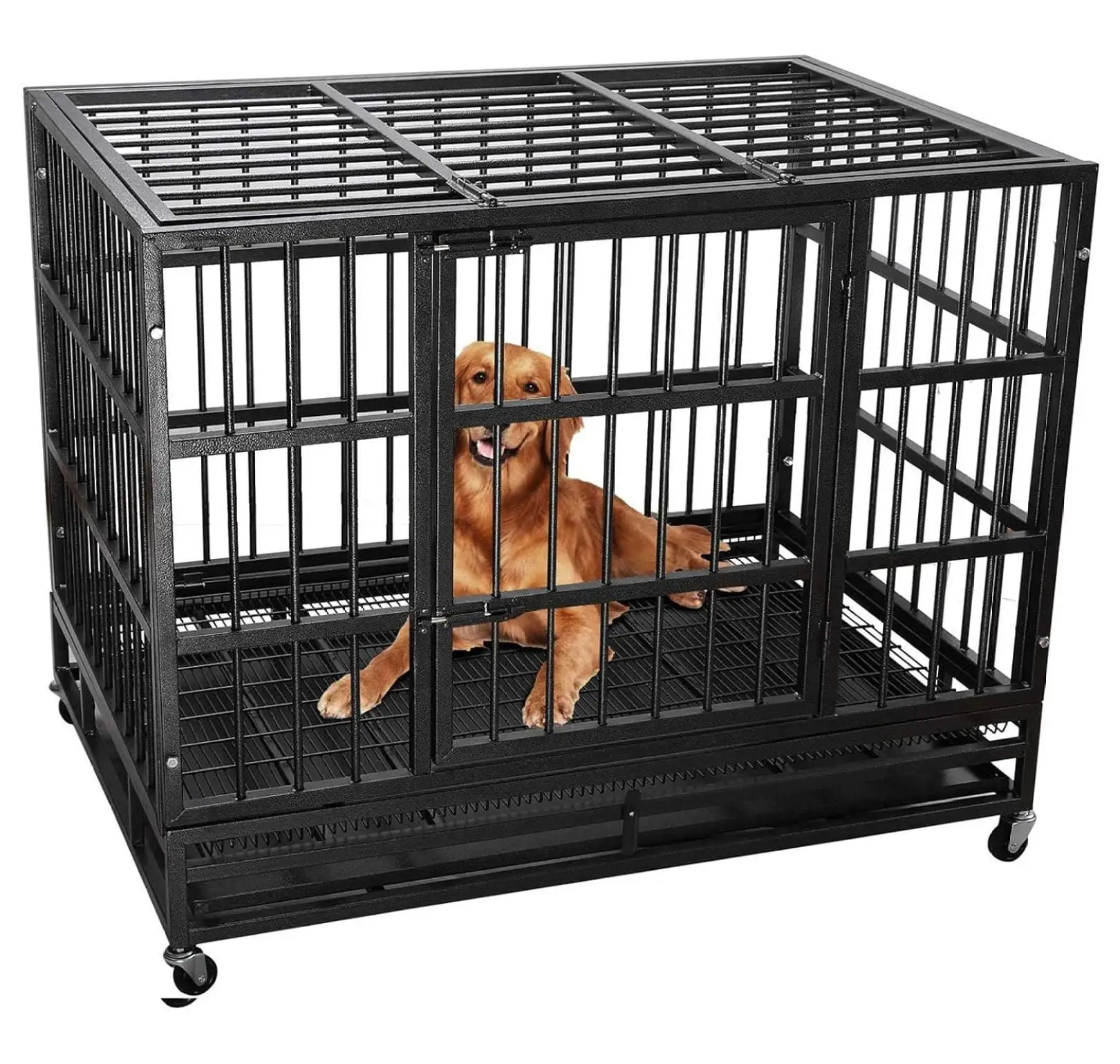 /38 inch Heavy Duty Indestructible Dog Crate. Escape Proof Dog Cage Kennel with Lockable Wheels.High Anxiety Double Door Dog Crate.Extra Large Crate Indoor for Large Dog with Removable Tray