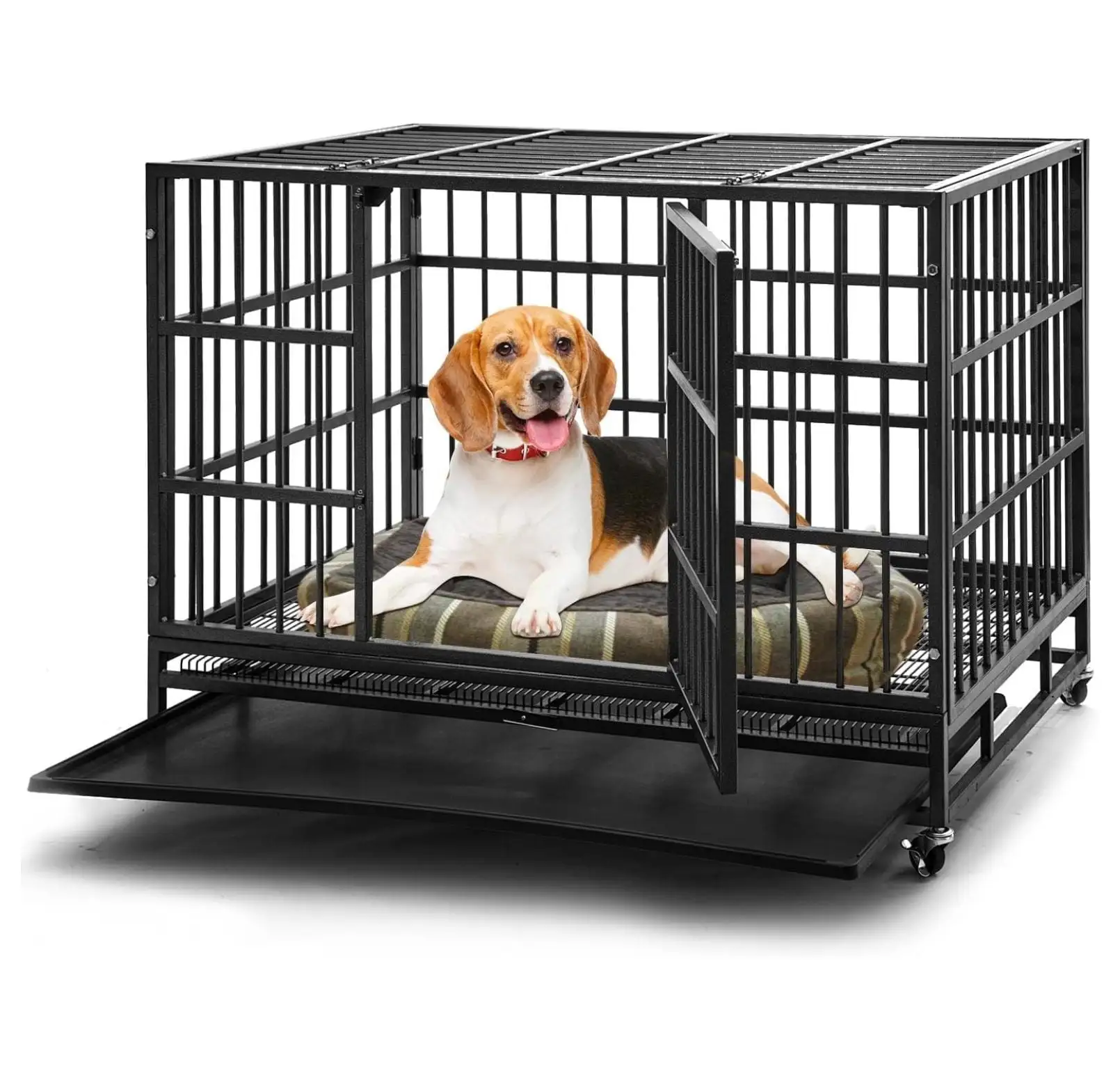 38 inch Heavy Duty Indestructible Dog Crate Steel Escape Proof Dog Cage Kennel for Medium Large Dogs Indoor Double Door High Anxiety Dog Crate with Wheels. Lock& Removable Tray. Black (38 inch)