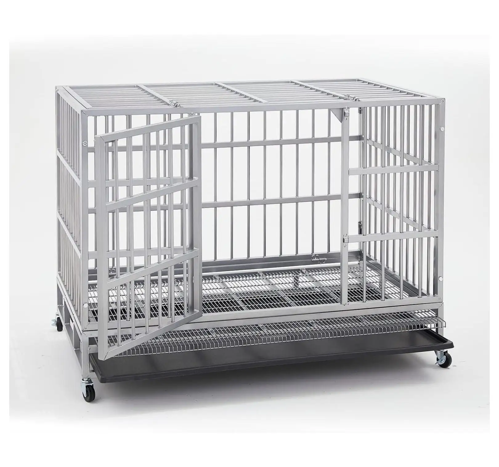 38 inch Heavy Duty Indestructible XL Dog Crate Steel Escape Proof. Indoor Double Door High Anxiety Cage. Kennel with Wheels. Removable Tray. Extra Large XXL Silver