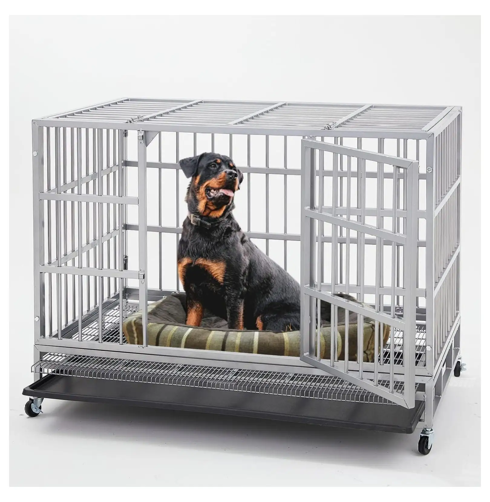 38 inch Heavy Duty Indestructible XL Dog Crate Steel Escape Proof. Indoor Double Door High Anxiety Cage. Kennel with Wheels. Removable Tray Silver