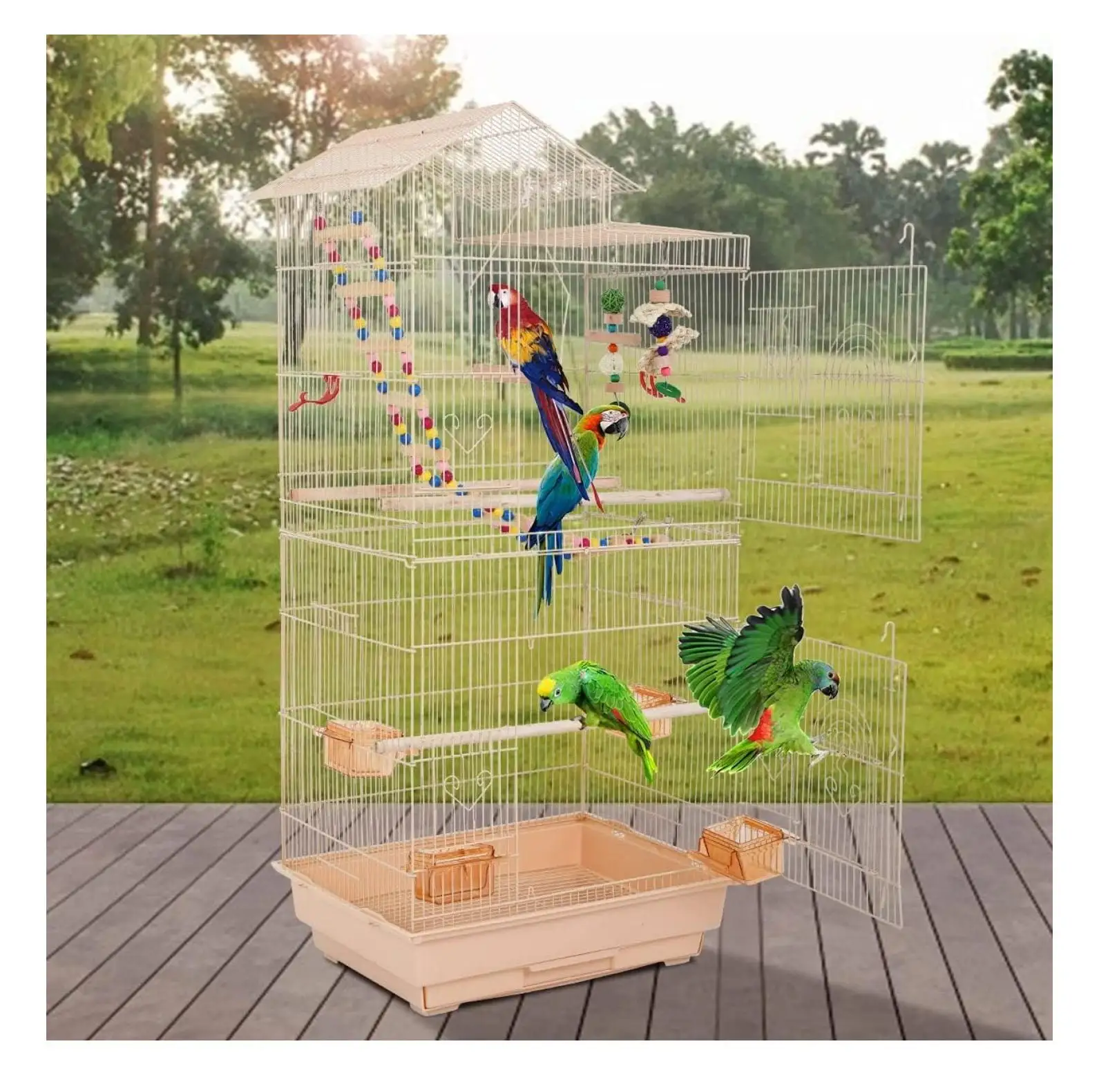 39 Inch Big Cage Study Parakeet Cage Aviary with Accessories Roof Top Flight Parrot Cage with Ladder and Swing Jaulas para Pajaros for Small Parakeet. Lovebirds. Cockatiels. Parrots. Almond