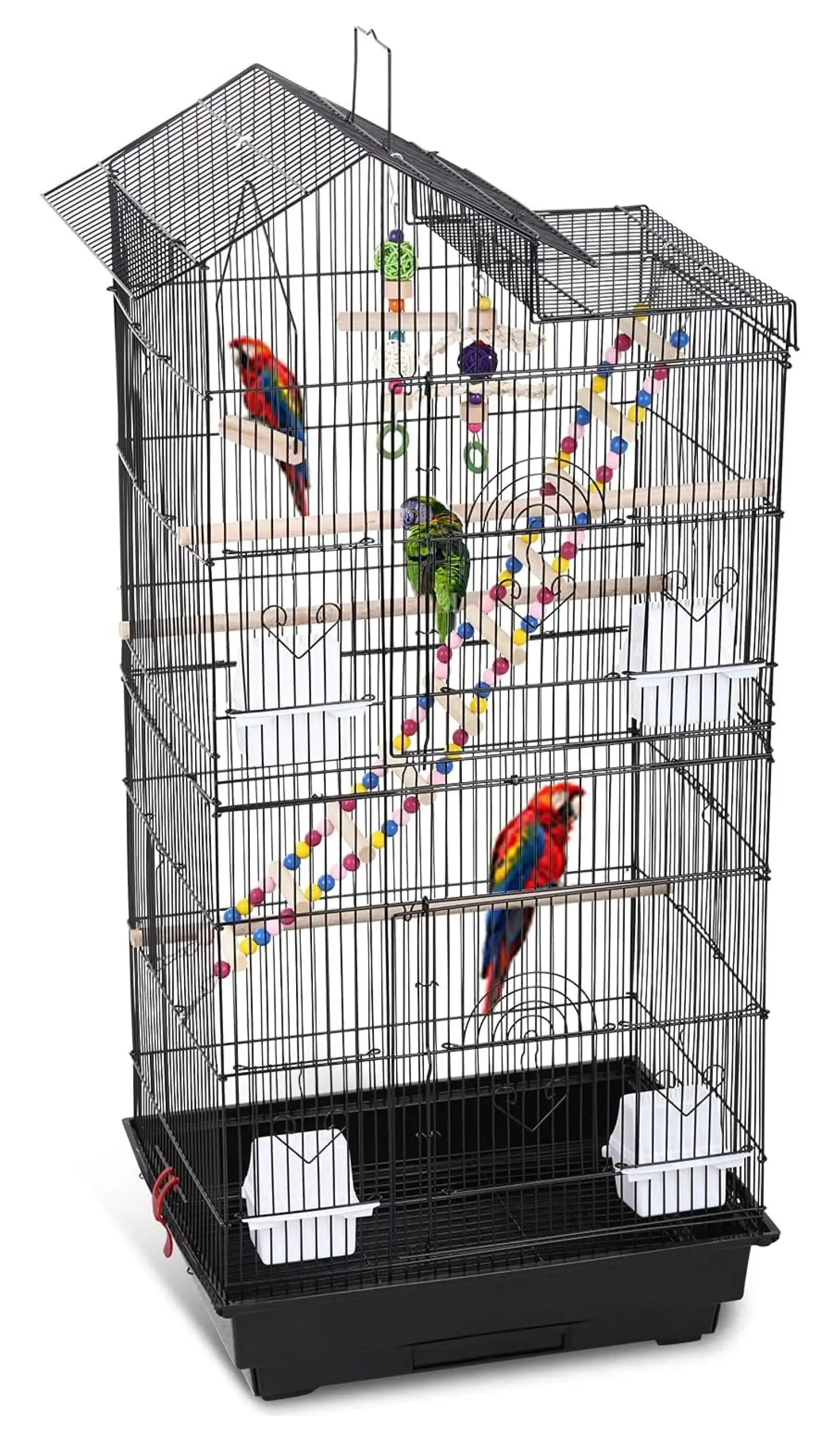 39 Inches Cage Roof Top Large Flight Parrot Cage with Toys for Medium Small . Lovebirds. Finch. Cockatiel Parakeets. Parrot. Iron Cage. Black. 17x14x39 Inch (Pack of 1)