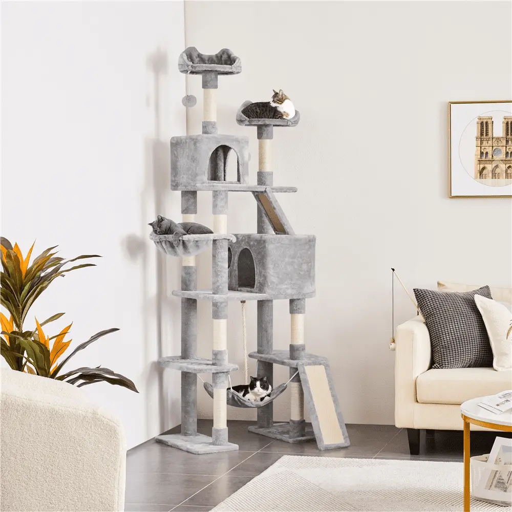 Topeakmart 82.5 H Large Cat Tree Tower with 2 Cozy Condos. Light Gray