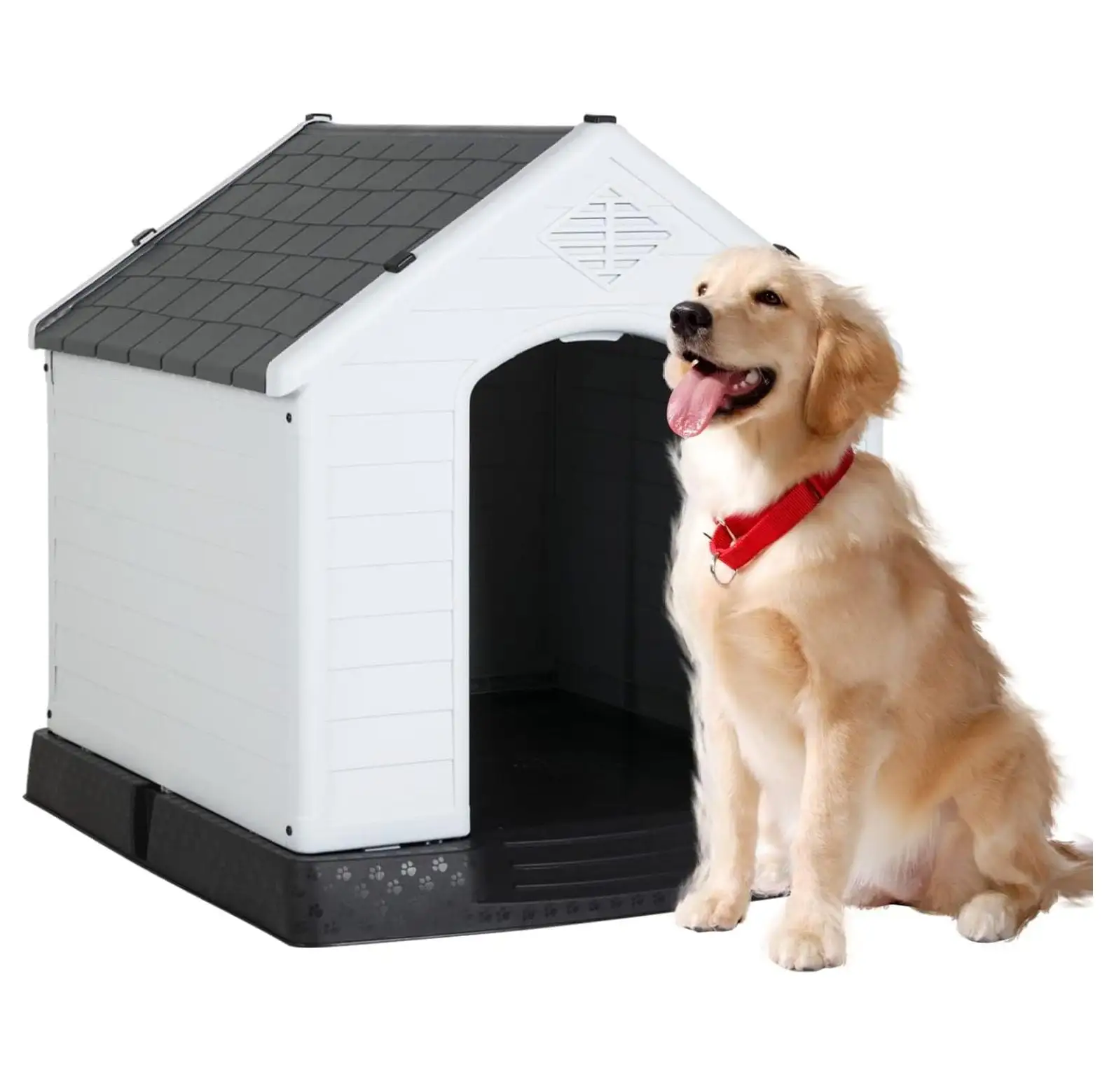 39Inch Large Dog House Insulated Kennel Durable Plastic Dog House for Small Medium Large Dogs Indoor Outdoor Weather & Water Resistant Pet Crate with and Elevated Floor.Grey