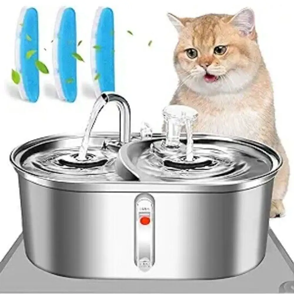 3L/101oz Stainless Steel Pet Water Fountain. 4 x Carbon Filter. 4 x Sponge Filter. Automatic Electric Two Spout Pet Water Fountain