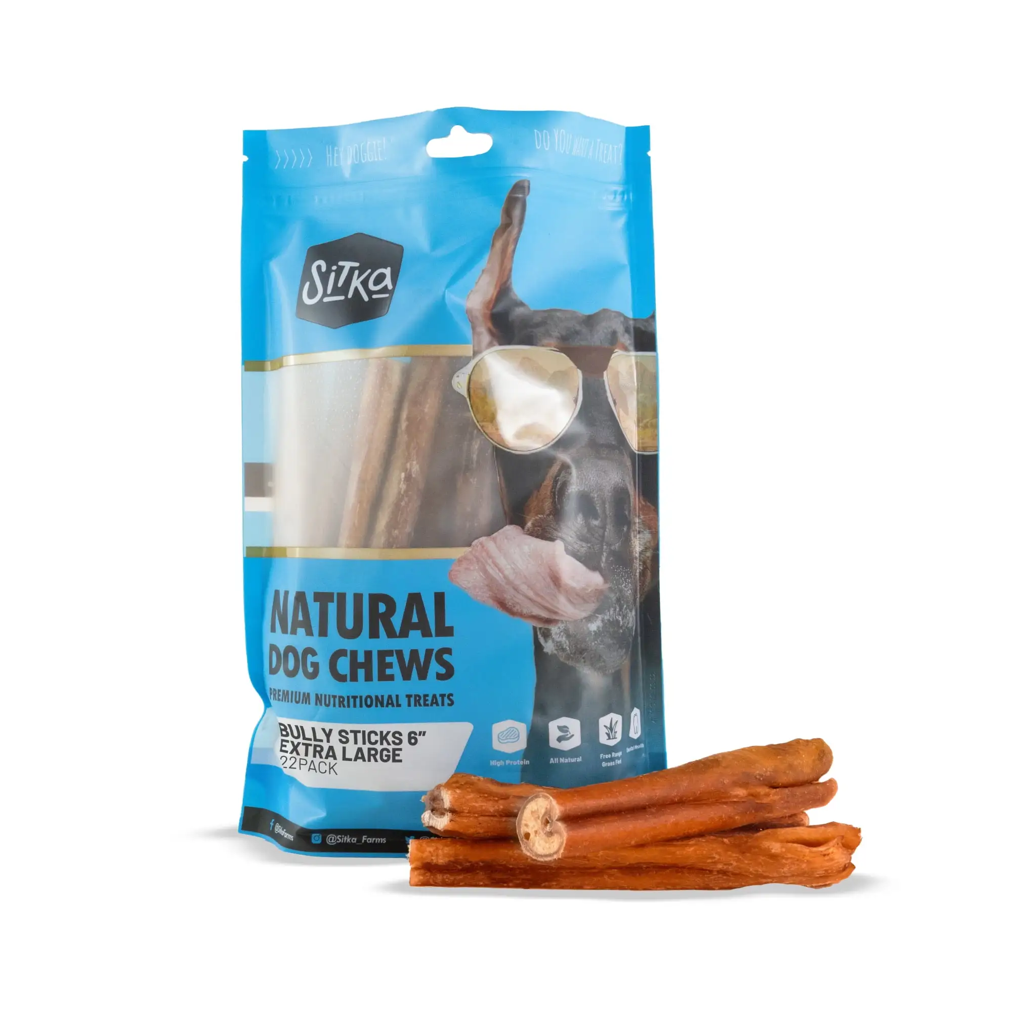 Sitka Farms Premium Bully Sticks XL 6 inch Extra Large Dog Treats (22 count)