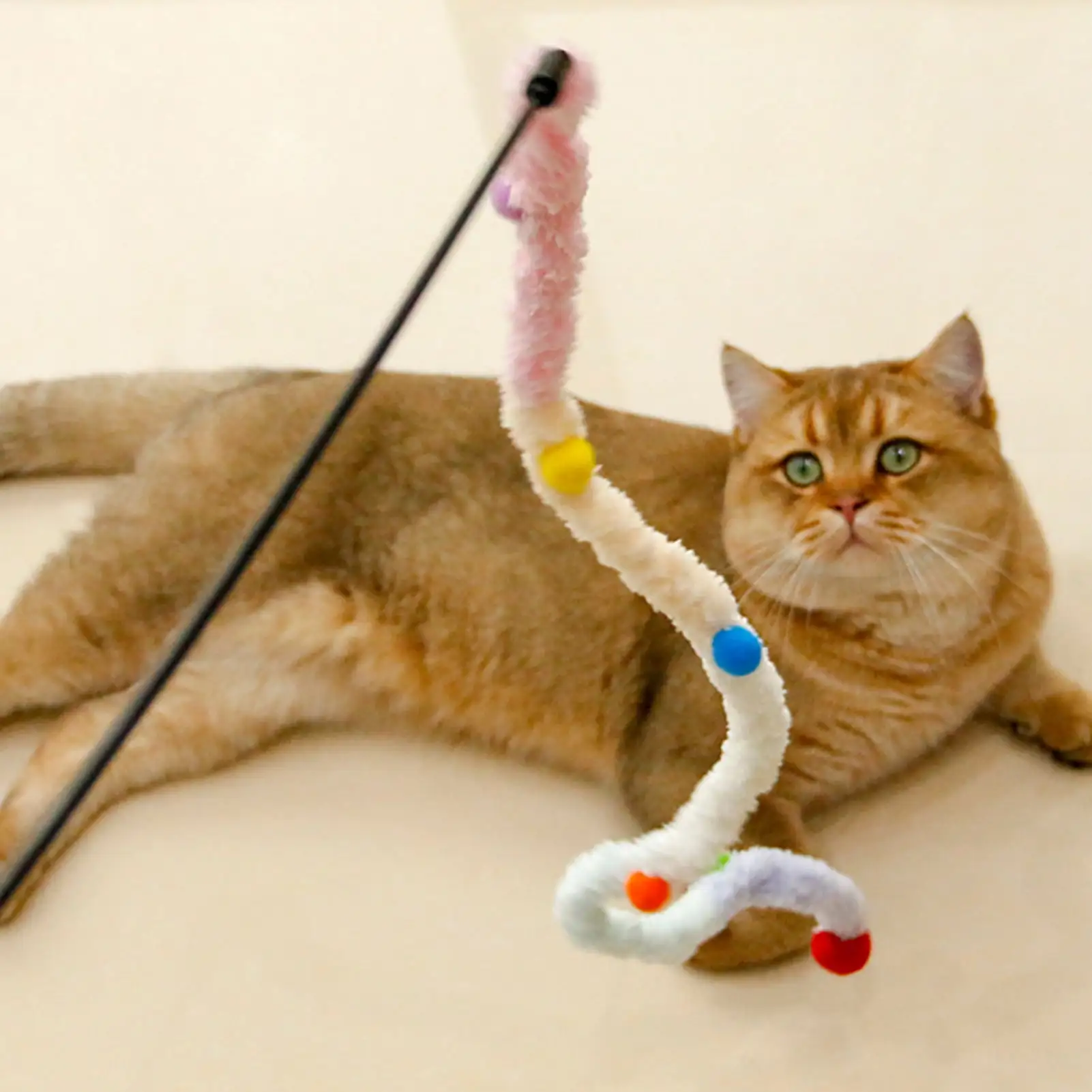 Kripyery Cat Teaser Stick Long Handle Soft Color Plush Ball Bite-resistant Cat Playing Teaser Wand Toy Pet Supplies