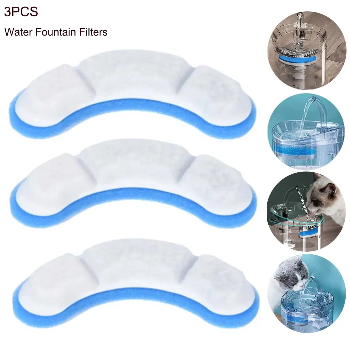 3pcs Pet Water Fountain Filter Replacement for W F 060/050 Arc-Shaped Safe Washable Cat Water Fountain Filters with 4 Filtration System