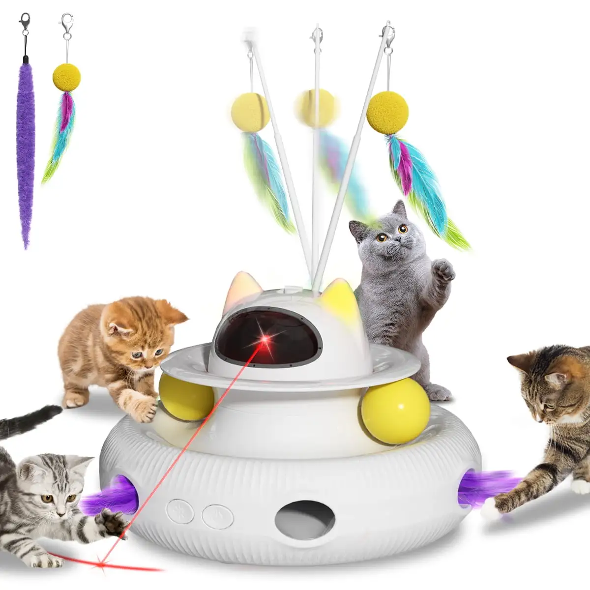 4 in 1 Interactive Cat Toys for Indoor Cats. Cat Laser Toys with 360???Rotation. Interactive Exercise Play Kitten Toy.Automatic Cat Wand Toys.Track Balls.Indoor Exercise Cat Kicker with USB Rechargeable