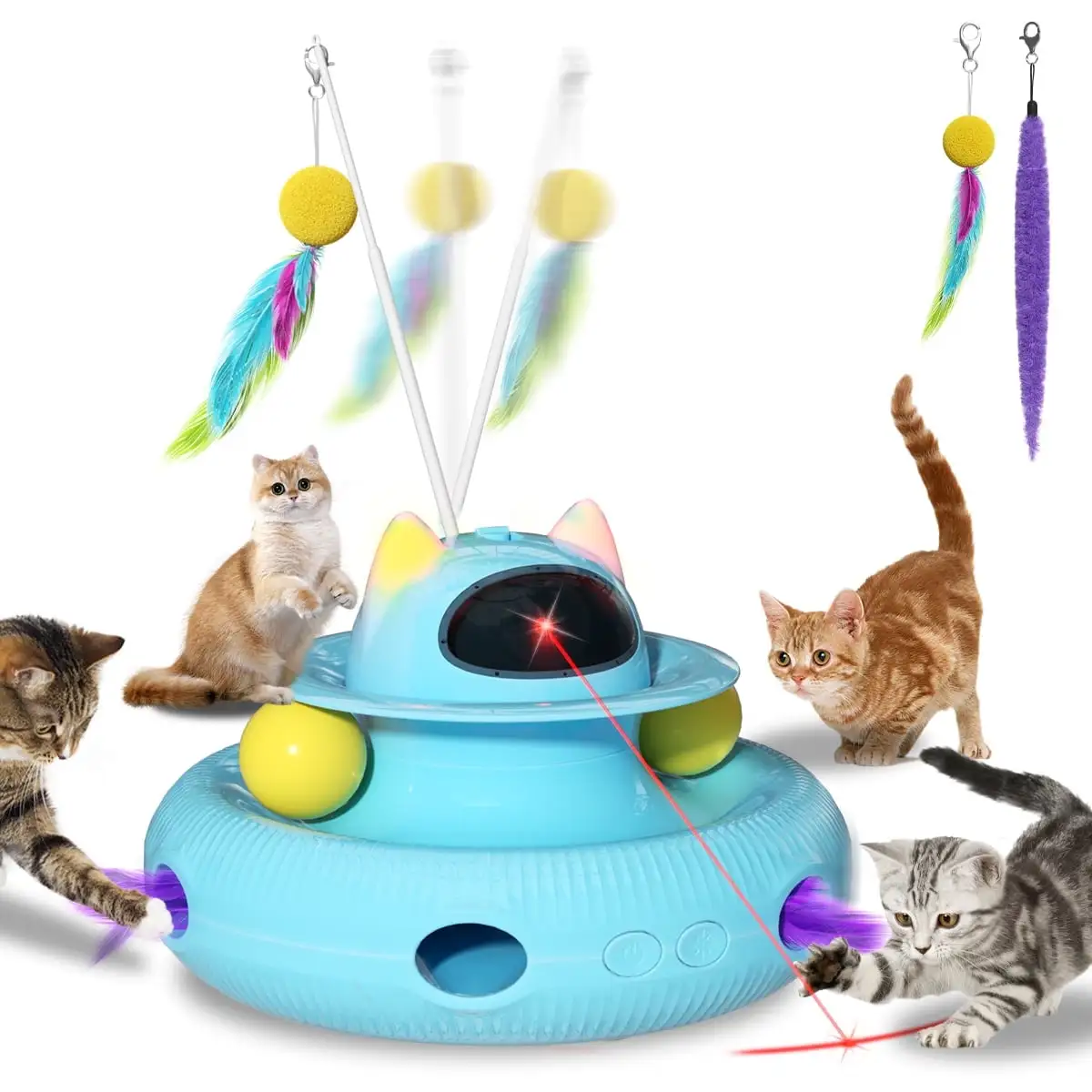 4 in 1 Interactive Cat Toys with USB Rechargeable.Smart Cat Feather Wand for Indoor Cats with Red Beam.Smart Interactive Electronic Exercise Kitten Toys.Exercise Cat Wand.Indoor Exercise Cat Kicker