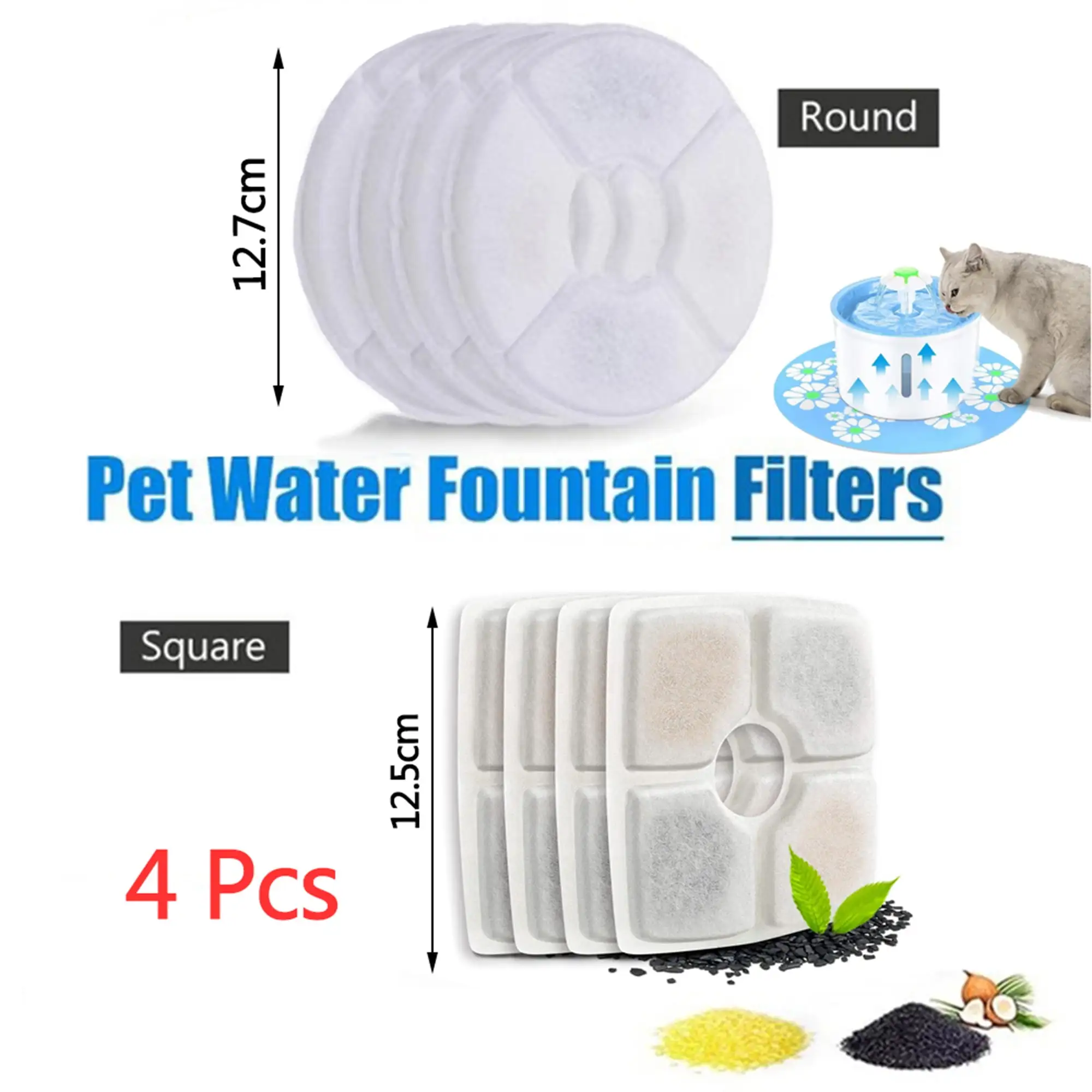 4 Pack Cat Water Fountain Filters Automatic Pet Fountain Filter Replacement Round Square White For Dog Cat And Other Animals