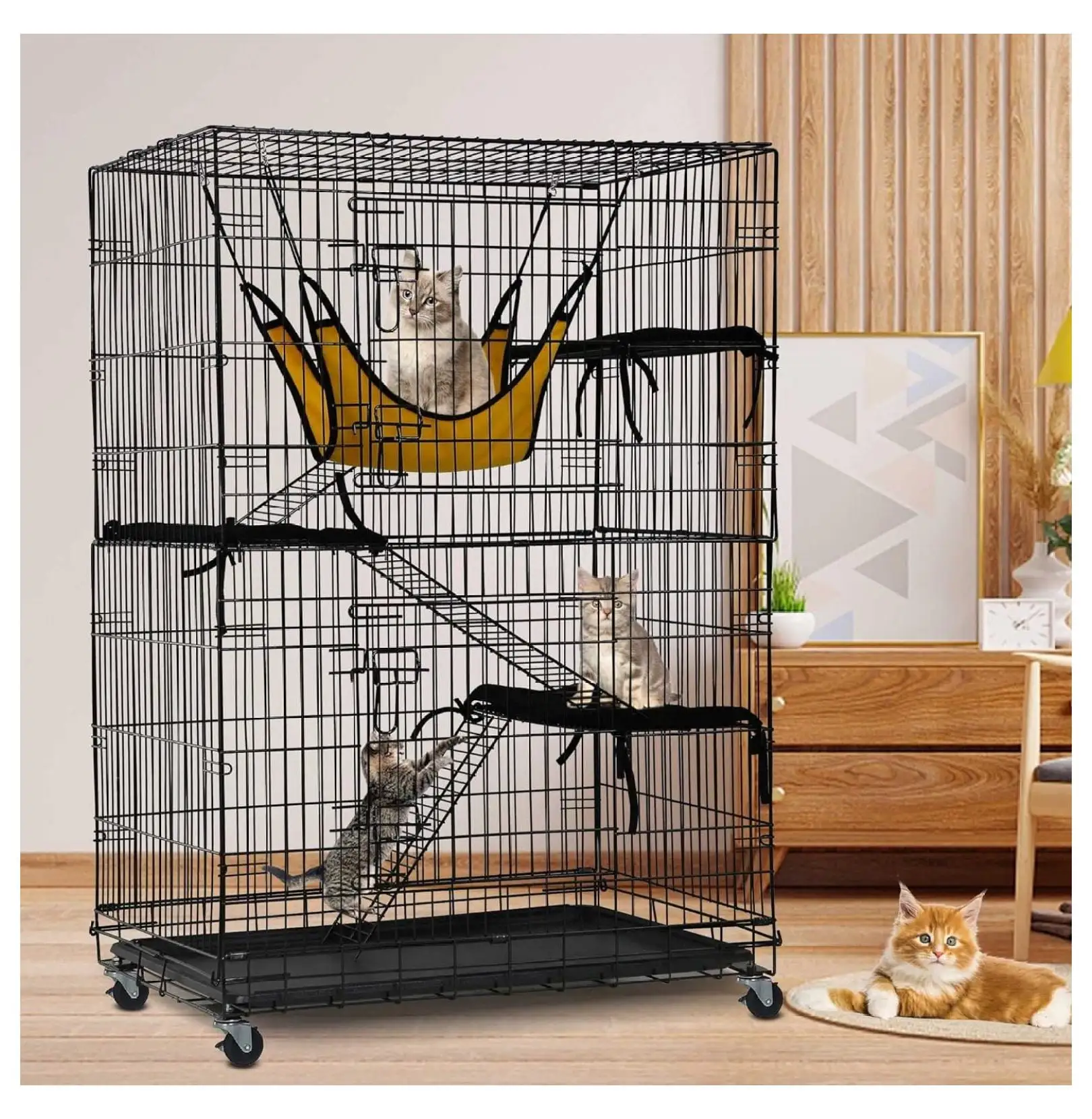 4-Tier Large Cat Cage Collapsible Metal Wire Cat Kennel Chinchilla Cage with Wheels Cat Playpen Cat Enclosure w/Ramp Ladders. Cat Beds and Hammock for Indoor Outdoor