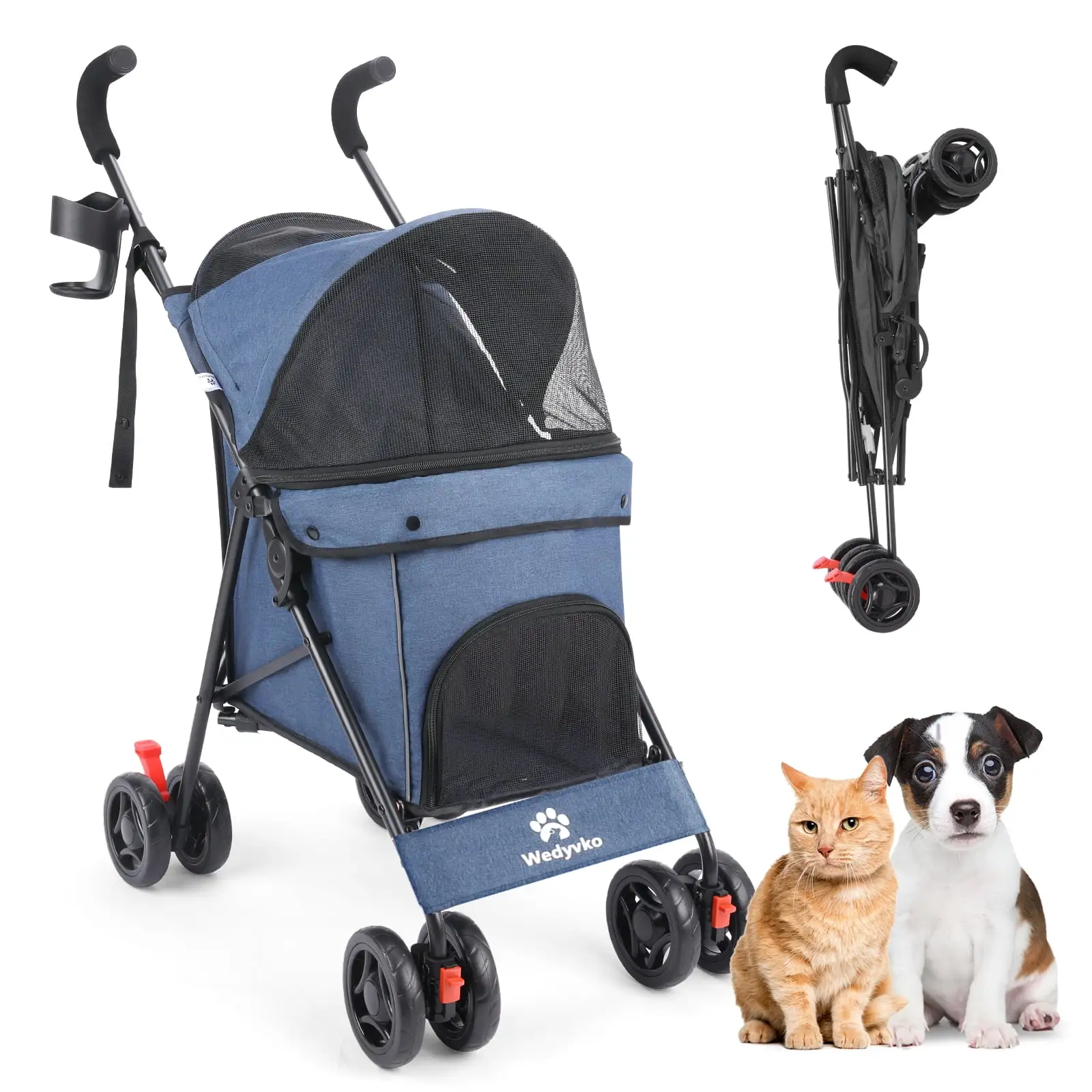 4 Wheel Foldable Cat Dog Stroller with Storage Basket. Handle 360??? Front Wheel Rear Wheel with Brake for Small Medium Dogs & Cats-Blue