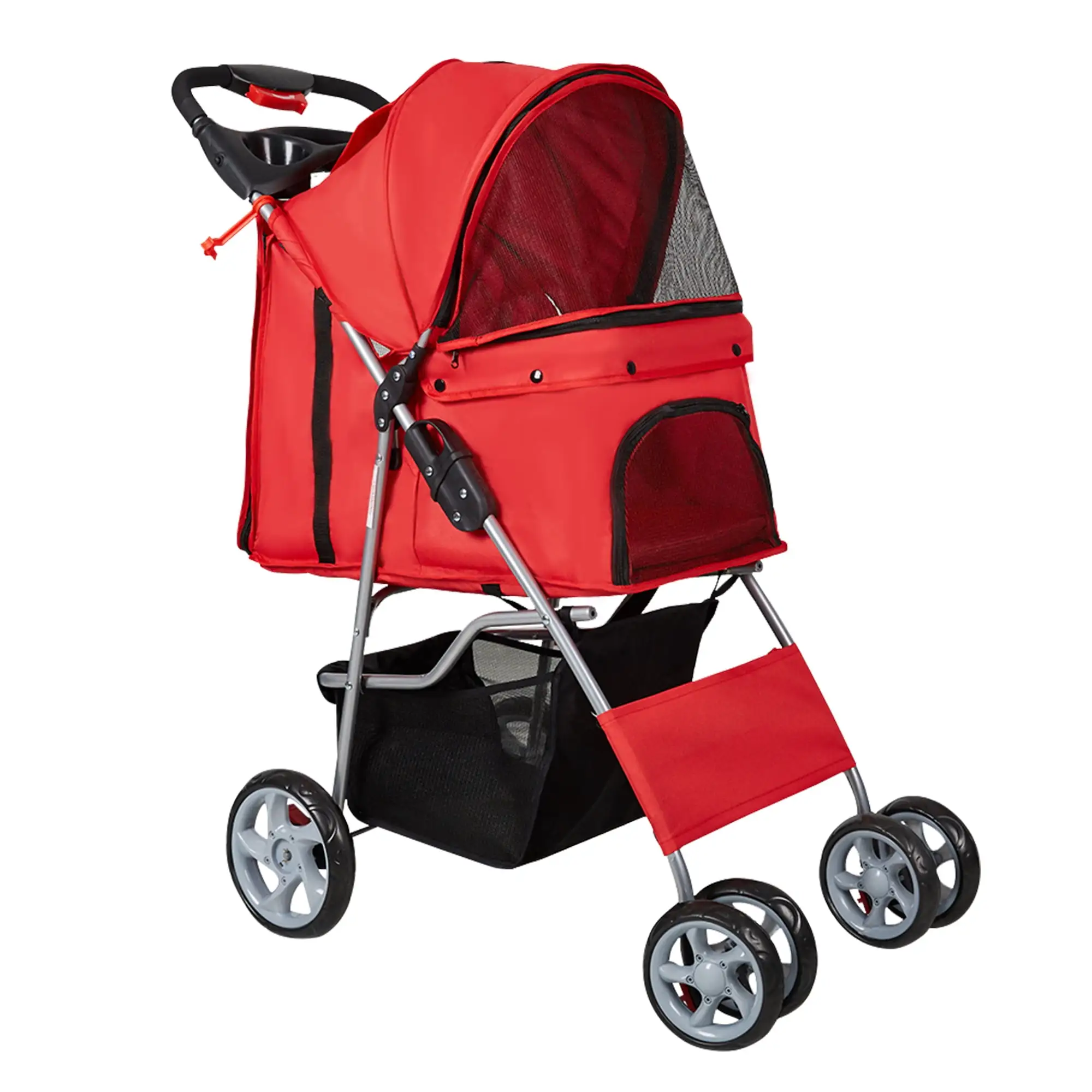 4-Wheel Foldable Pet Stroller with Storage Basket. Dog Carriage for Medium Small Dogs Cats Jogging Travel Carrier Cart. Red