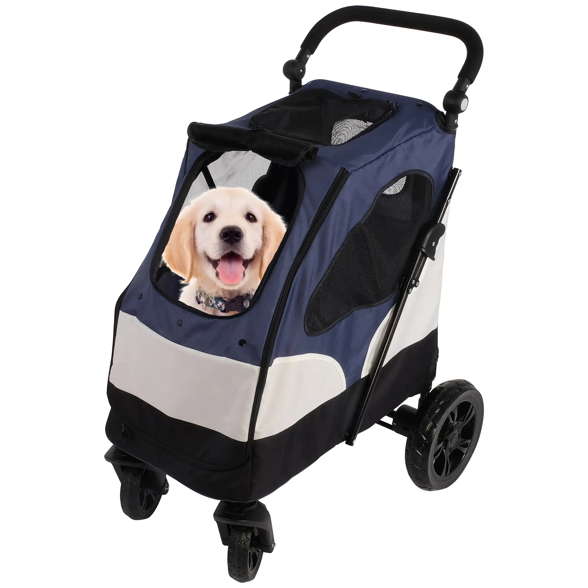 4-Wheel Large Pet Stroller for Small Medium-Sized Dog and Cat Carts. Foldable Pet Travel Jogger Stroller with Adjustable Handle. Breathable Dog Stroller Stroller for Outdoor Travel. Blue