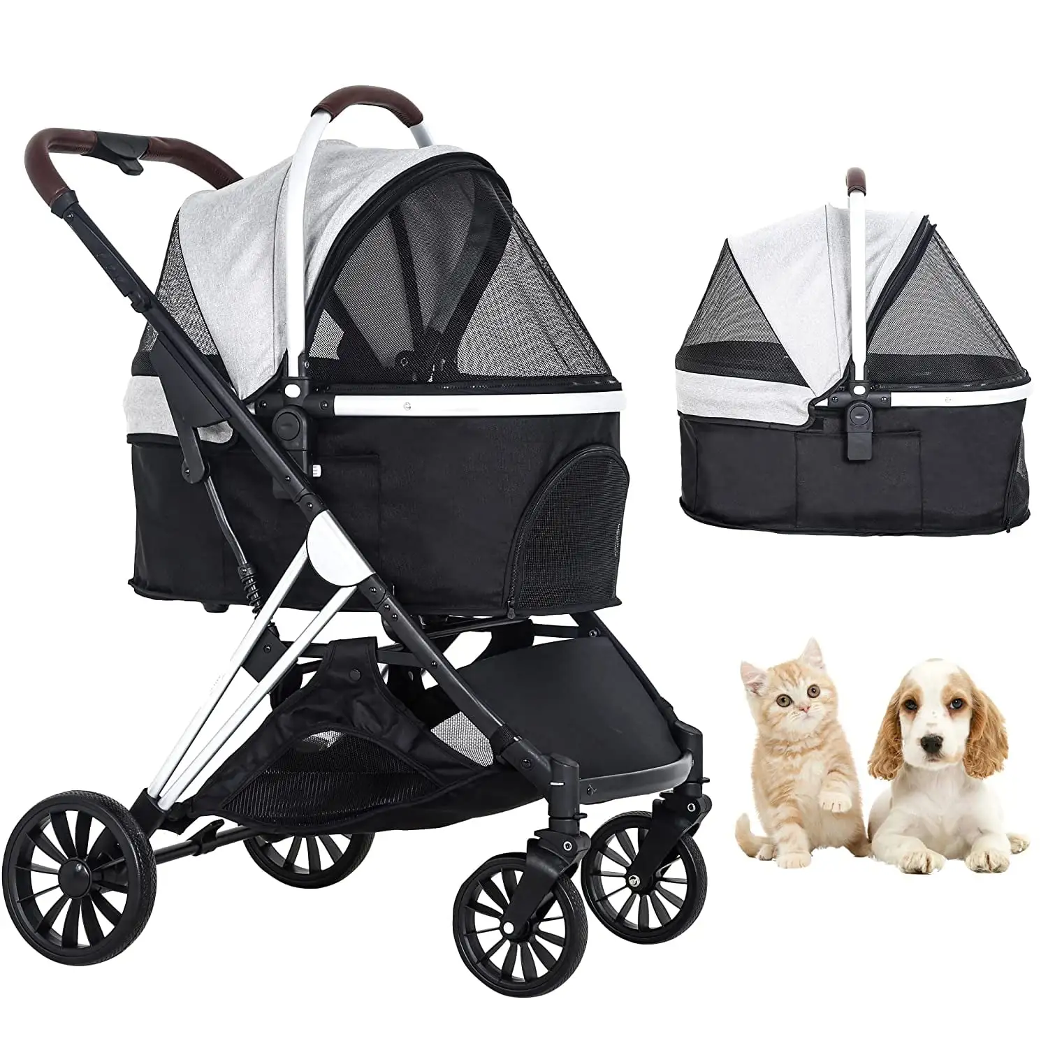 4 Wheels Dog Stroller. 3-in-1 Multifunction Pet Stroller with Detachable Carrier Folding Lightweight Travel Aluminium Frame Dog Cat Stroller with Side Pocket for Medium Small Dogs Cats