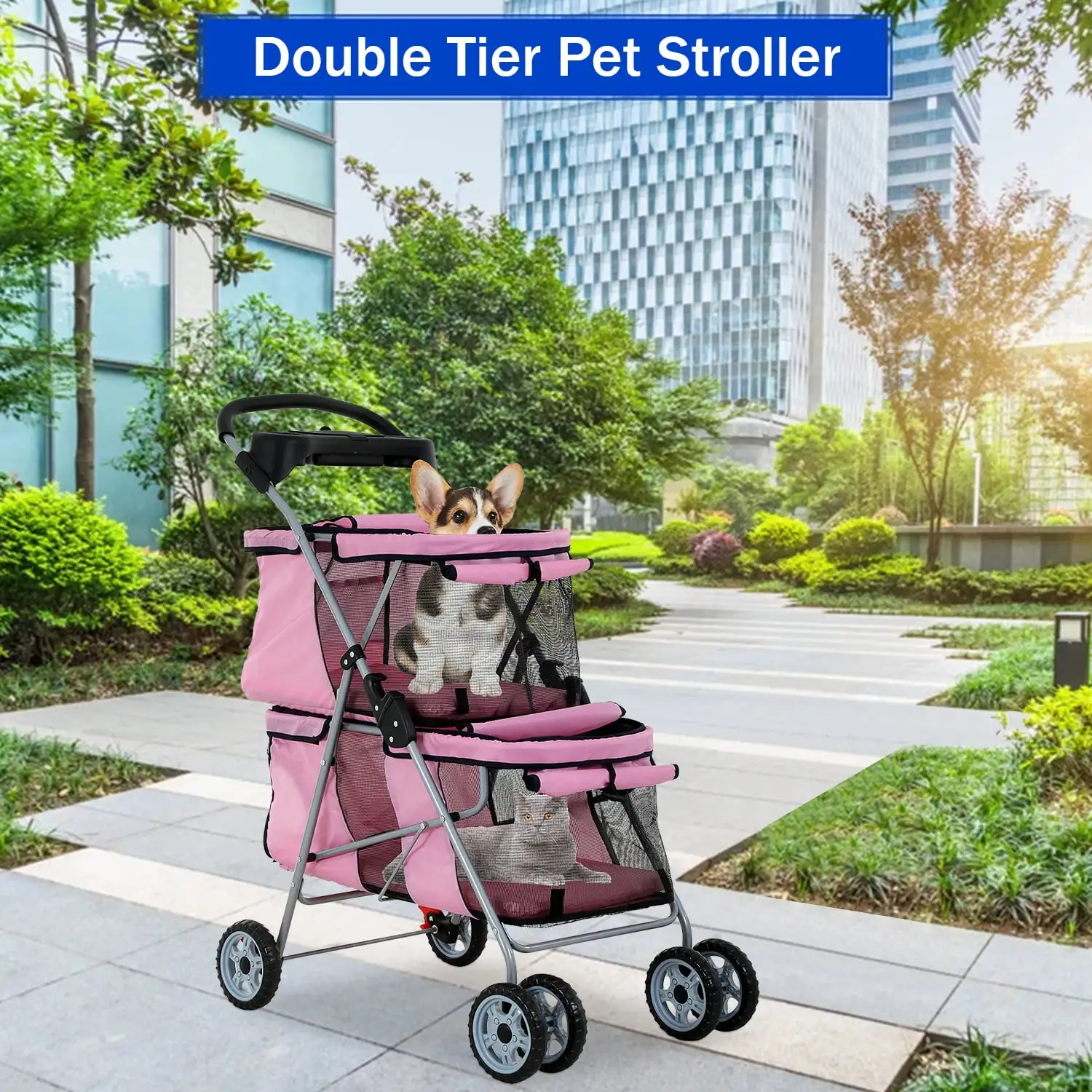 4 Wheels Pet Stroller Dog Cat Stroller. Foldable 2 Cages Strollers Kitten Puppy Carriages w/Cup Holders Soft Pad for Small Medium Dogs Cats (Pink)