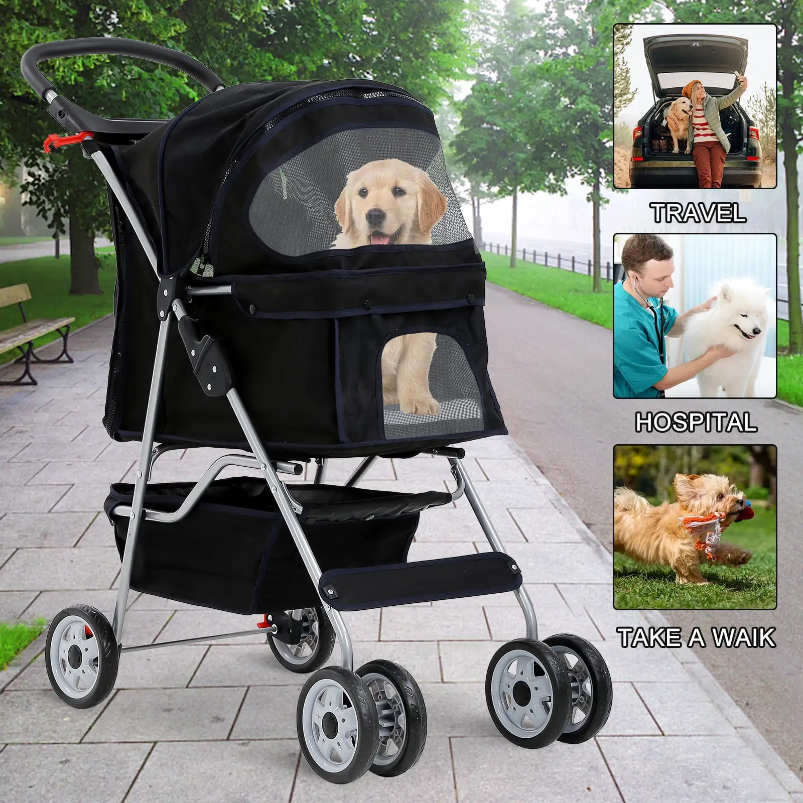 4 Wheels Pet Stroller Foldable Dog Stroller Cat Stroller with Storage Basket & Removable Liner. Travel Lite Foldable Carrier Strolling Cart for Dogs Cats. Black