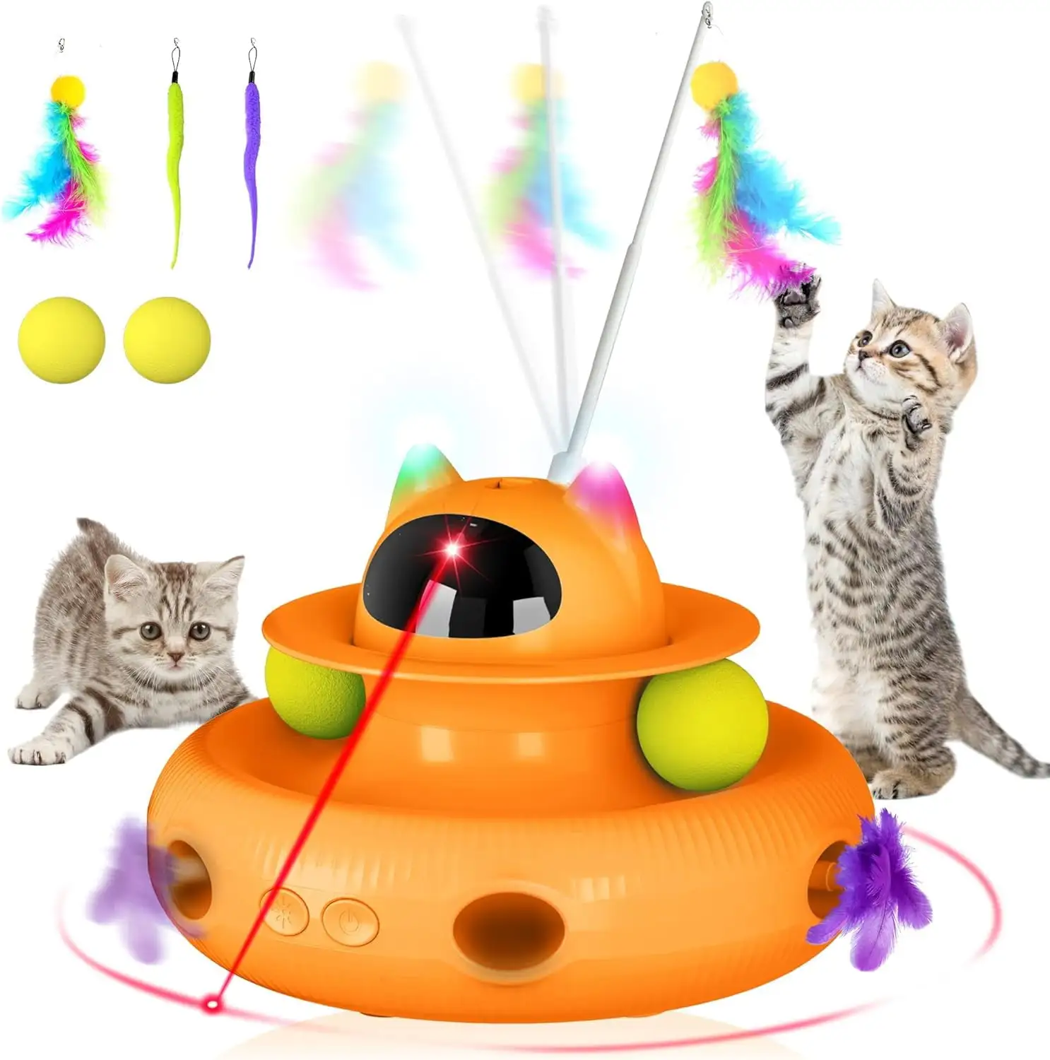 4 in 1 Indoor Interactive Cat Toy Smart Cat Feather Wand USB Rechargeable Cat Teaser Orange