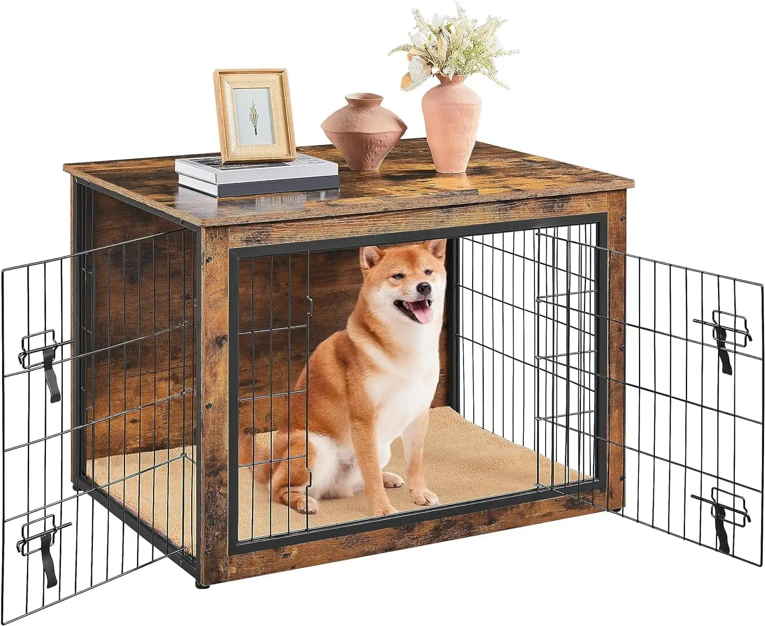 40'' Dog Crate Furniture with Cushion Set of 2. Wooden Dog Crate with Double Doors/Adjustable Feet Side End Table for Medium-Sized Dogs