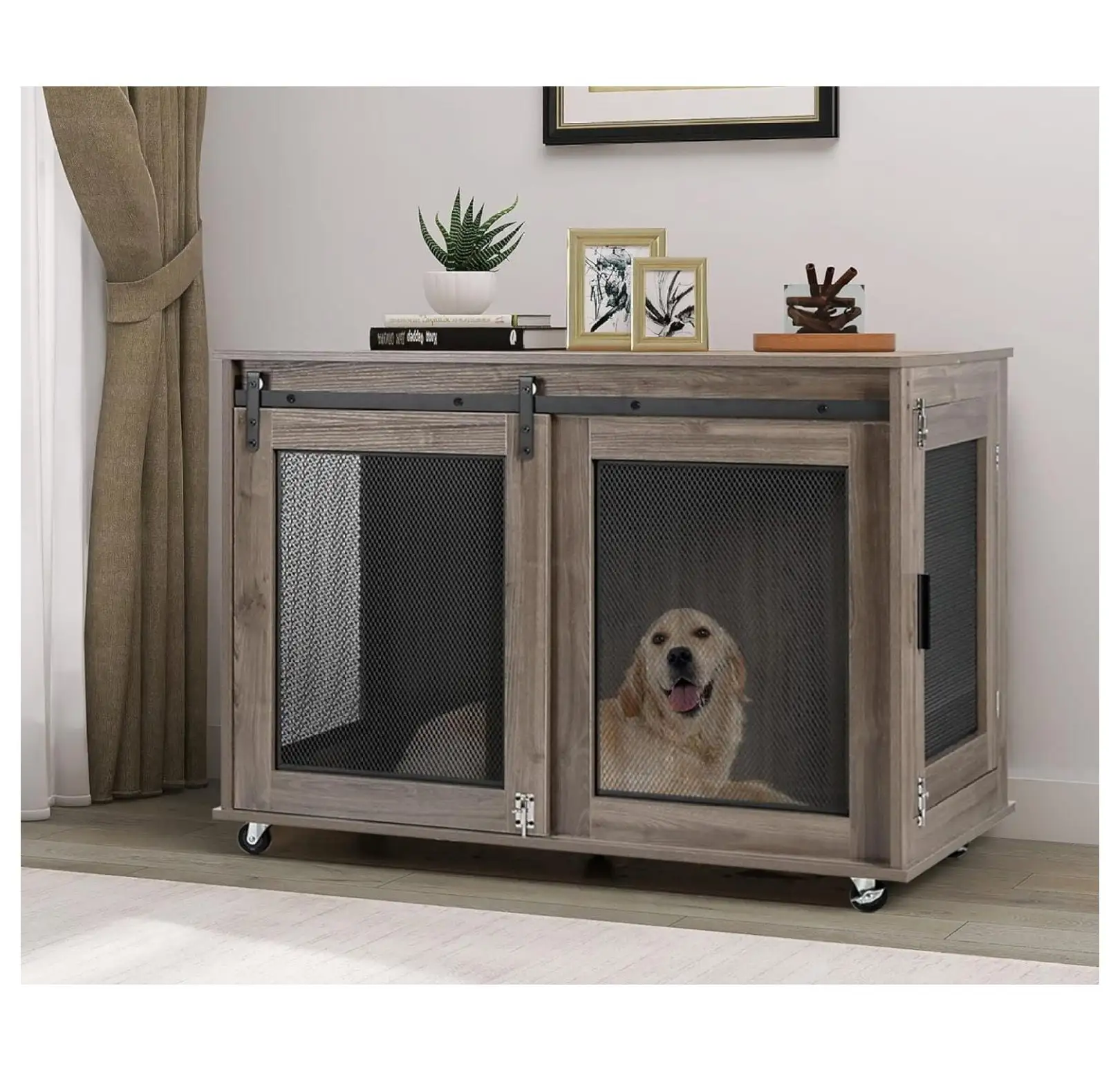 40 Inch Dog Crate Furniture. Wooden Heavy Duty Dog Kennel Indoor. Decorative Dog Cage Table for Large Medium Dogs. with Sliding Doors. Wheels and -top Plate