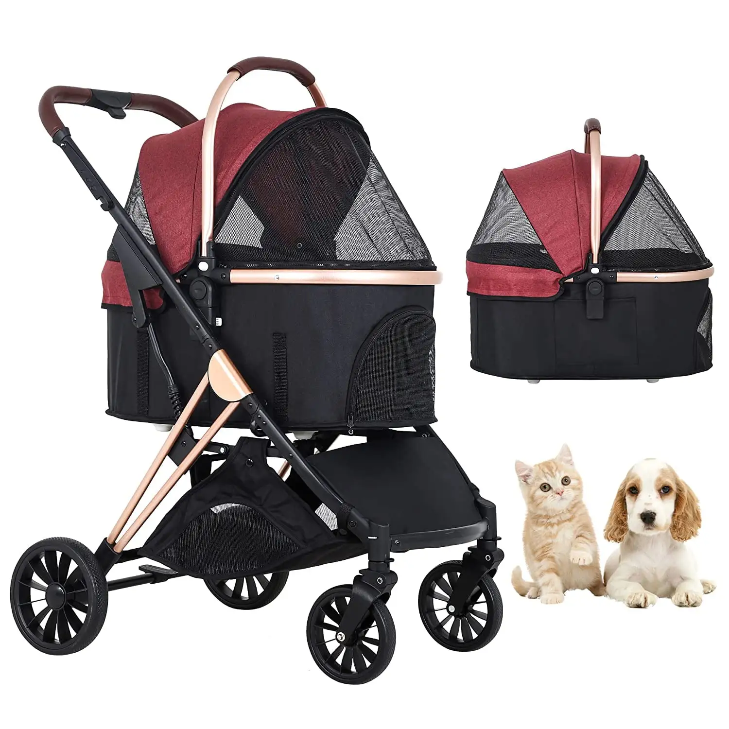 BestPet Pet Stroller Premium 3-in-1 Multifunction 4 Wheels Dog Cat Stroller for Medium Small Dogs Cats Aluminium Frame Folding Lightweight Stroller with Detachable Travel Carrier.44lbs Capacity.Wine