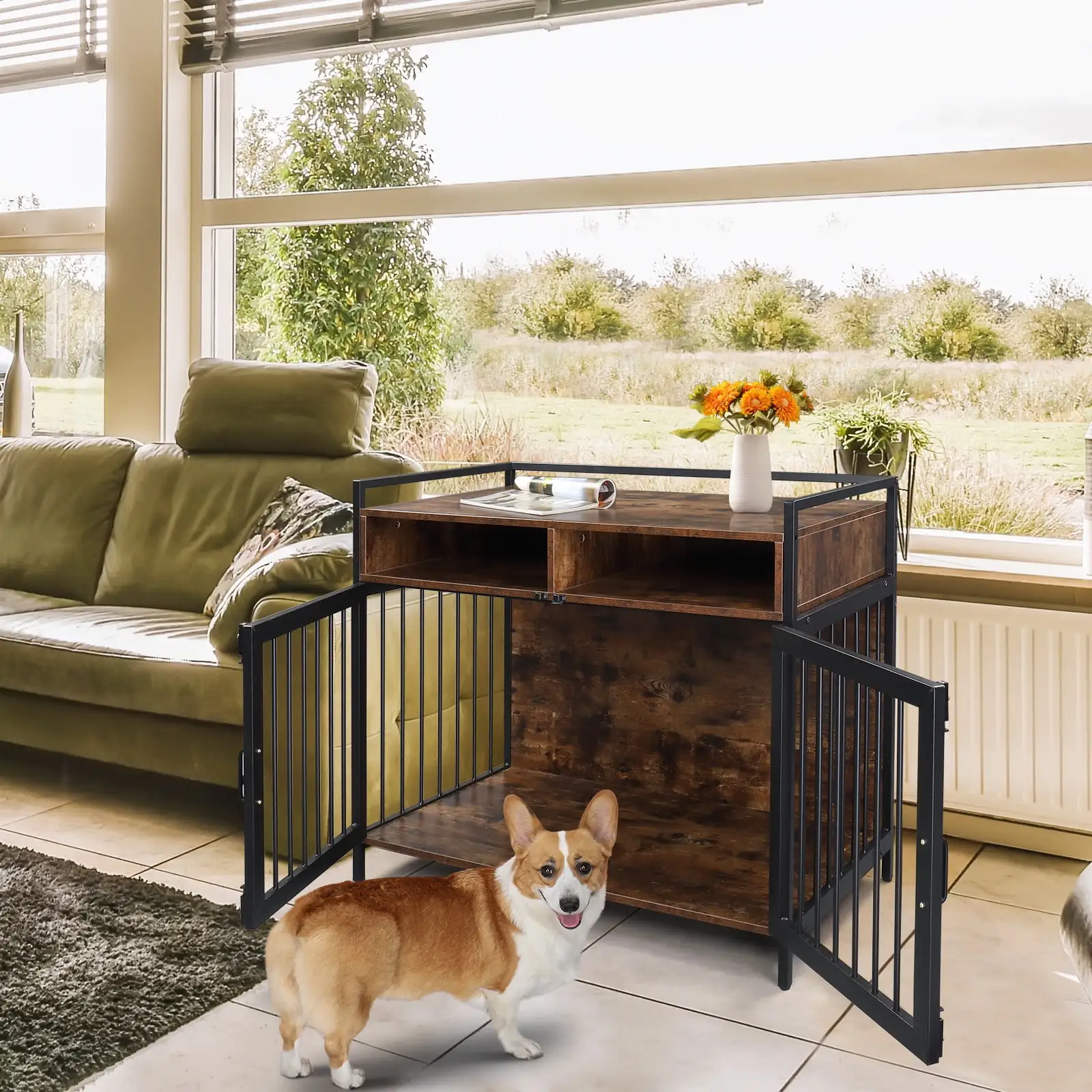 41 Furniture Dog Cage. Metal Heavy Duty Super Sturdy Dog Cage. Dog Crate For Small/Medium Dogs. Double Door And Double Lock. With Storage And Anti-chew Features. Dog House. Rustic Brown