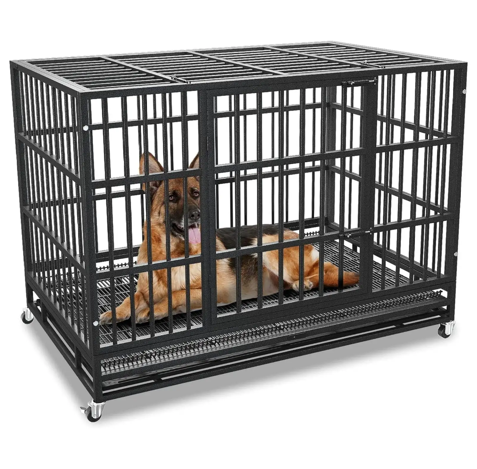 /42/38 Inch Heavy Duty Dog Crate Cage with Wheels. Indestructible and Escape Proof Steel Kennel Indoor for High Anxiety Dogs with Sturdy Locks. Double Door and Tray. Extra Large XL XXL