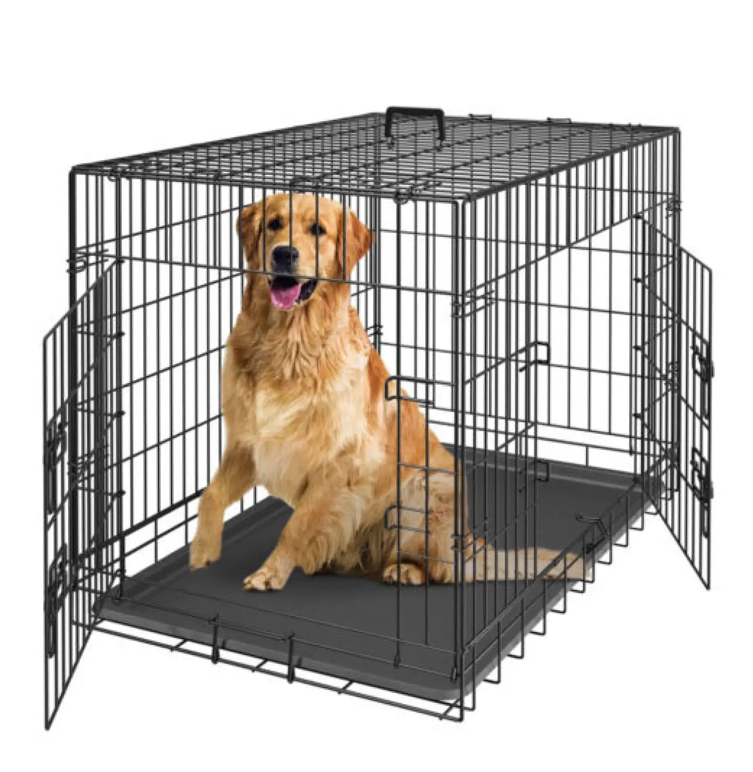 42 Dog Crate Folding Dog Kennel Metal Pet Dog Cage 2 Doors with Tray Pan Black