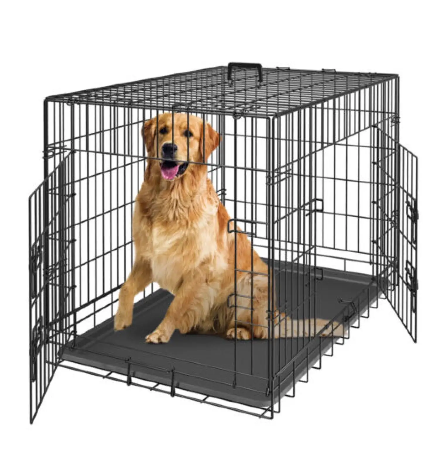 42 Dog Crate Folding Metal Pet Cage Kennel Double Doors with Tray Pan Black