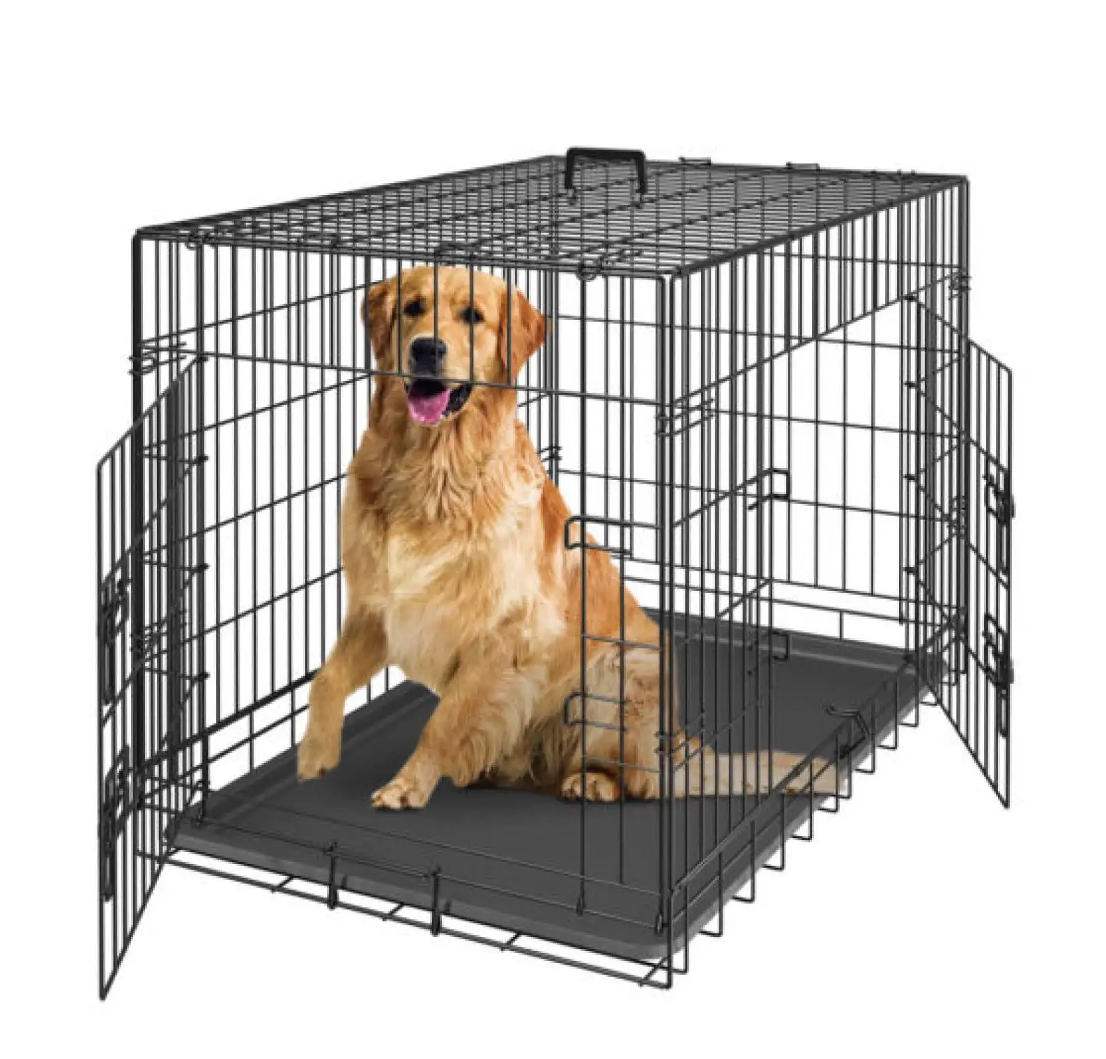 42 Dog Crate Kennel Folding Metal Pet Cage 2 Door With Tray Pan Black