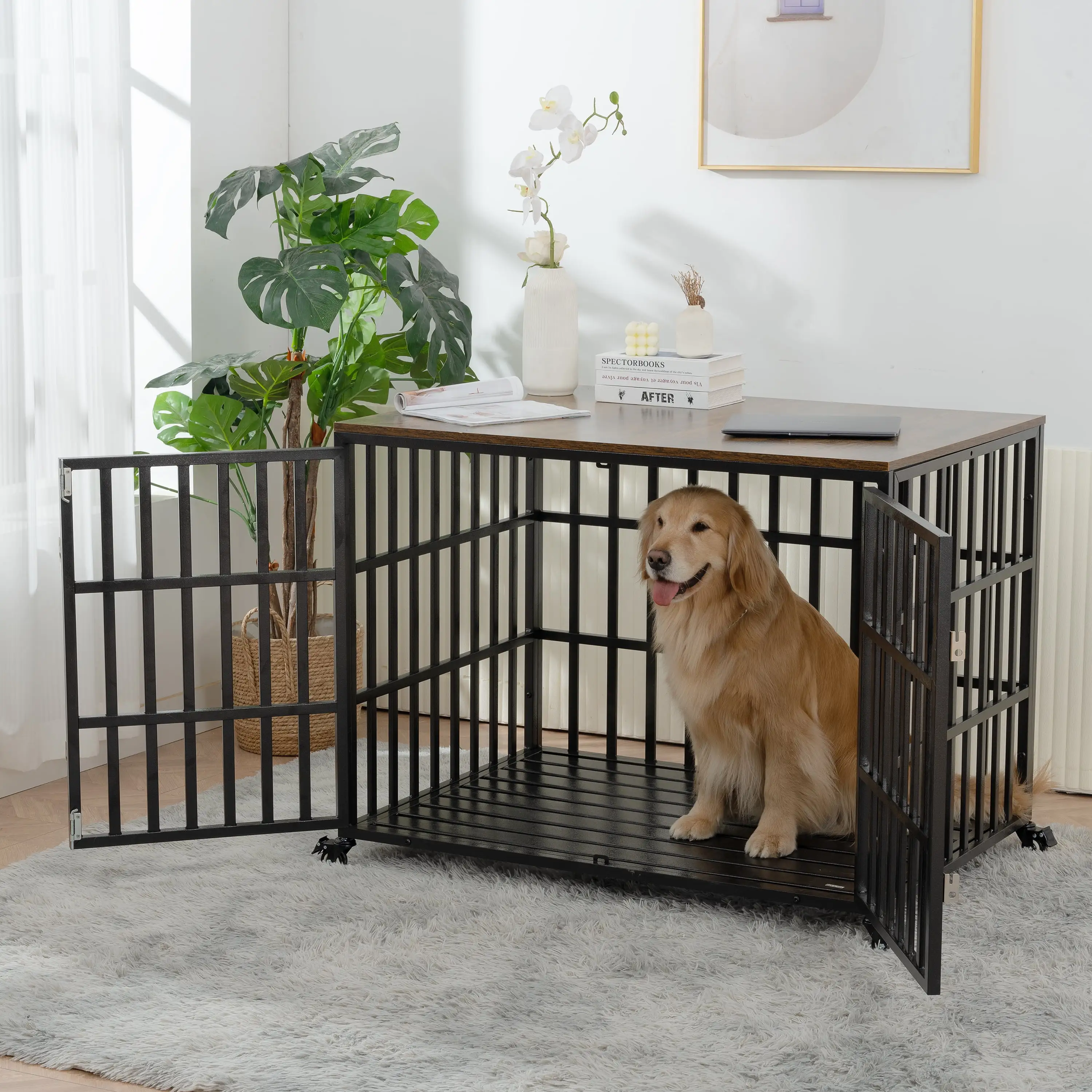 42 HeavyDuty Metal Dog Crate for Large Medium Dogs.Wooden Furniture Style Cage with 4 Lockable Wheels.2 Latches.Steel Frame.Decorative Pet House Cage Kennel