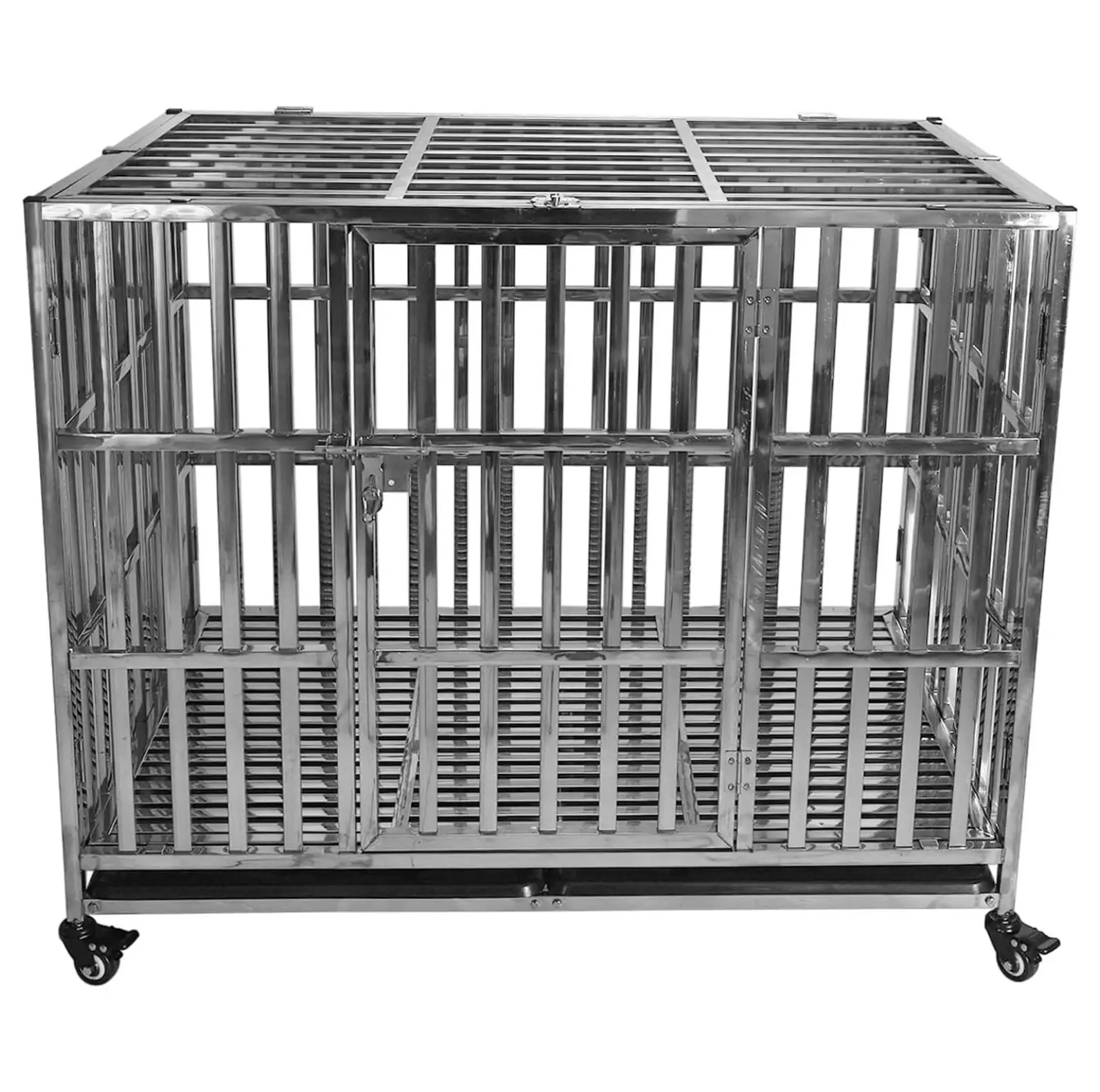 42 INCH Heavy Duty Dog Cage Stainless Steel Pet Crate Kennel with Lockable Wheels & Removable Trays for Medium and Large Dogs (Stackable)