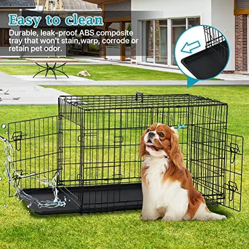 42 Inch Dog Kennel Dog Crate Wire Cage Foldable XL Dog Cages for Medium Large Dogs. Collapsible Travel Crate Dog Kennels with 2 Doors. Black