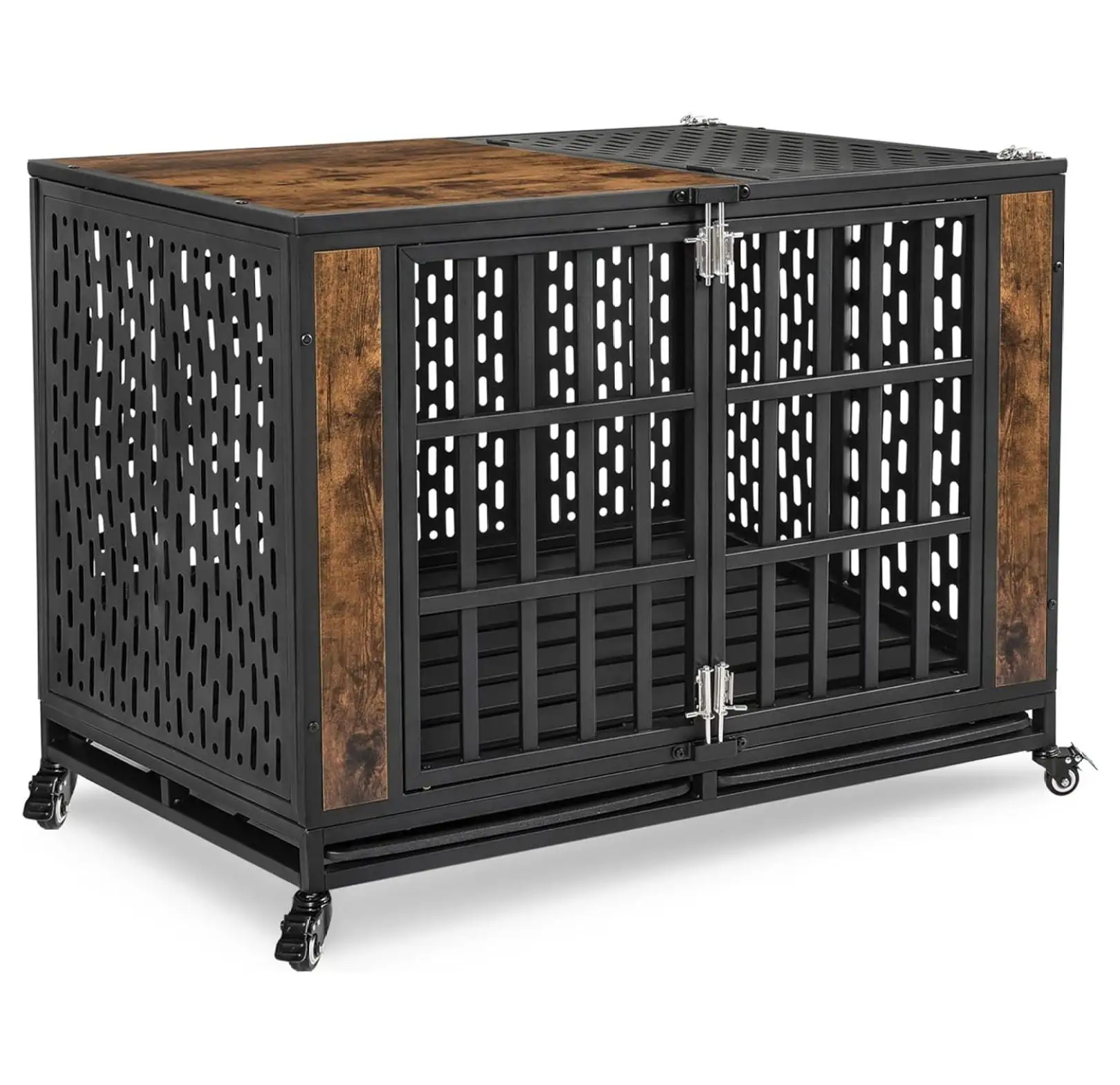 42 Inch Heavy Duty Dog Cage Furniture for Large Dogs with Lockable Wheels. Metal Medium Kennel Indoor with Removable Tray