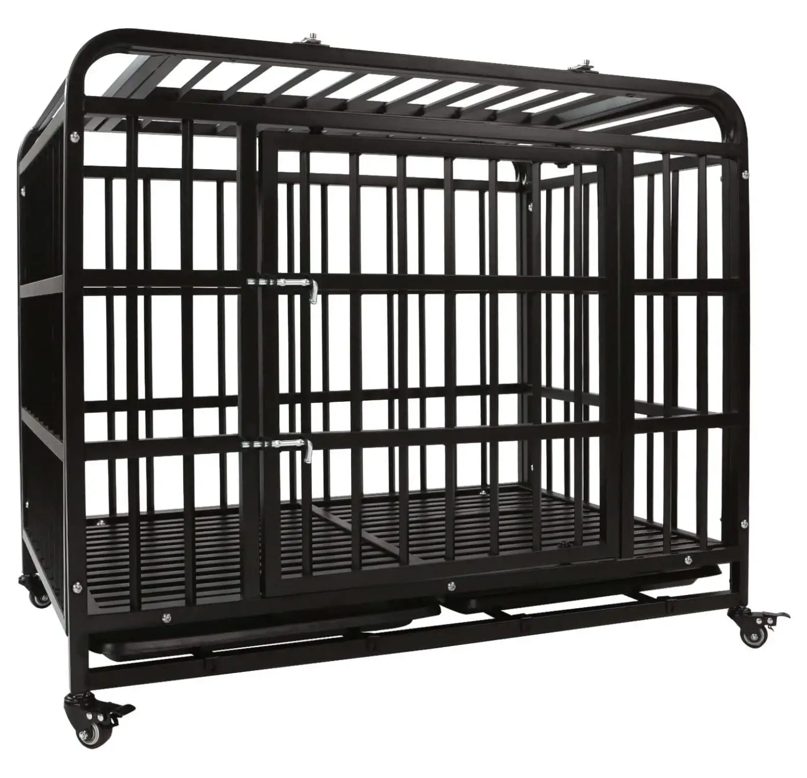 42 Inch Heavy Duty Dog Crate - Indestructible Dog Crate for Large Dog Strong Metal Dog Kennel Training Dog Cage Easy to Assemble Pet Playpen with Wheels Double Doors Removable Tray. Black