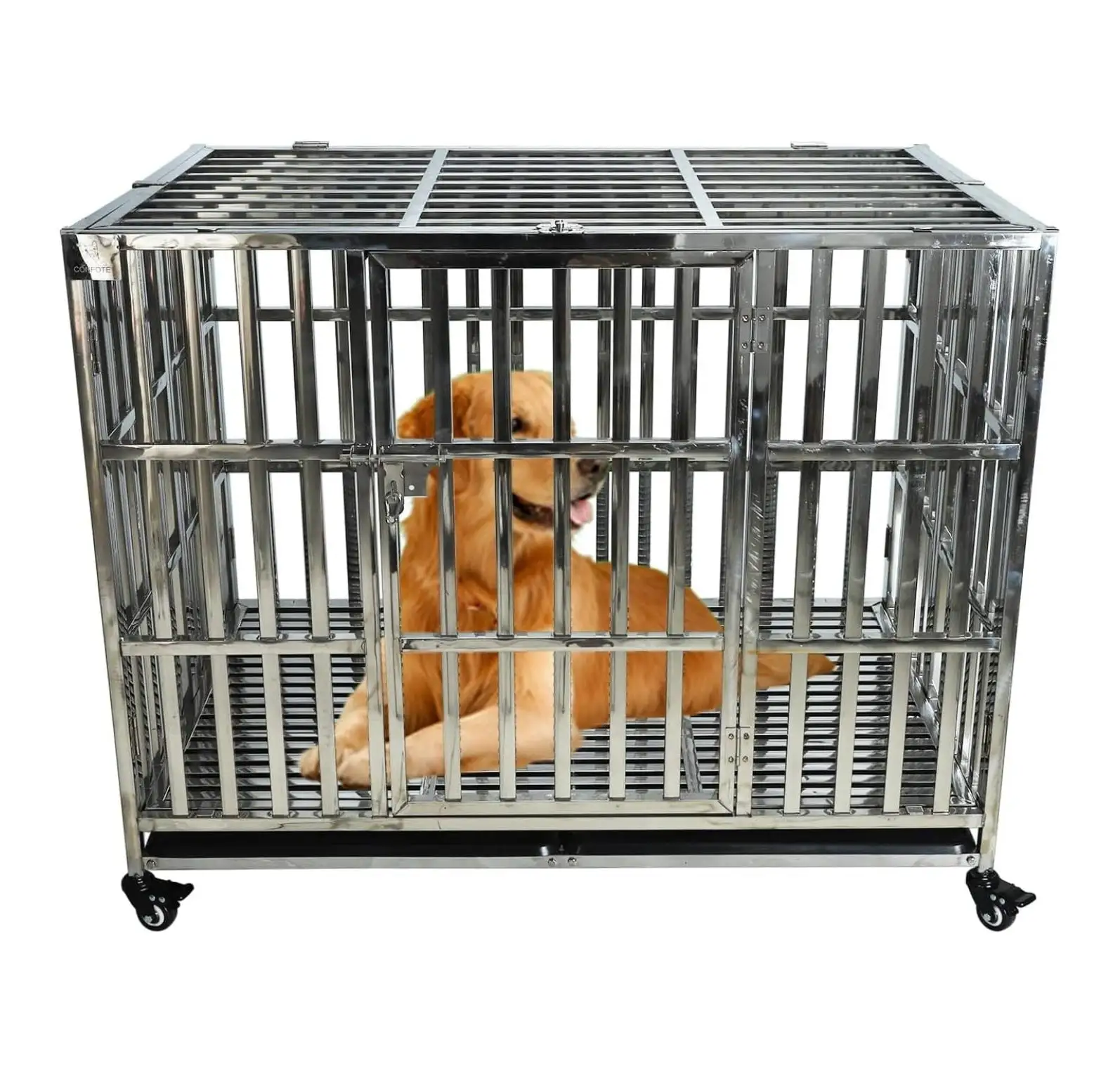 42 Inch Heavy Duty Stainless Steel Dog Cage High Anxiety Indestructible and Escape-Proof Dog Crate Kennel for Large Medium Small Dogs Indoor Outdoor