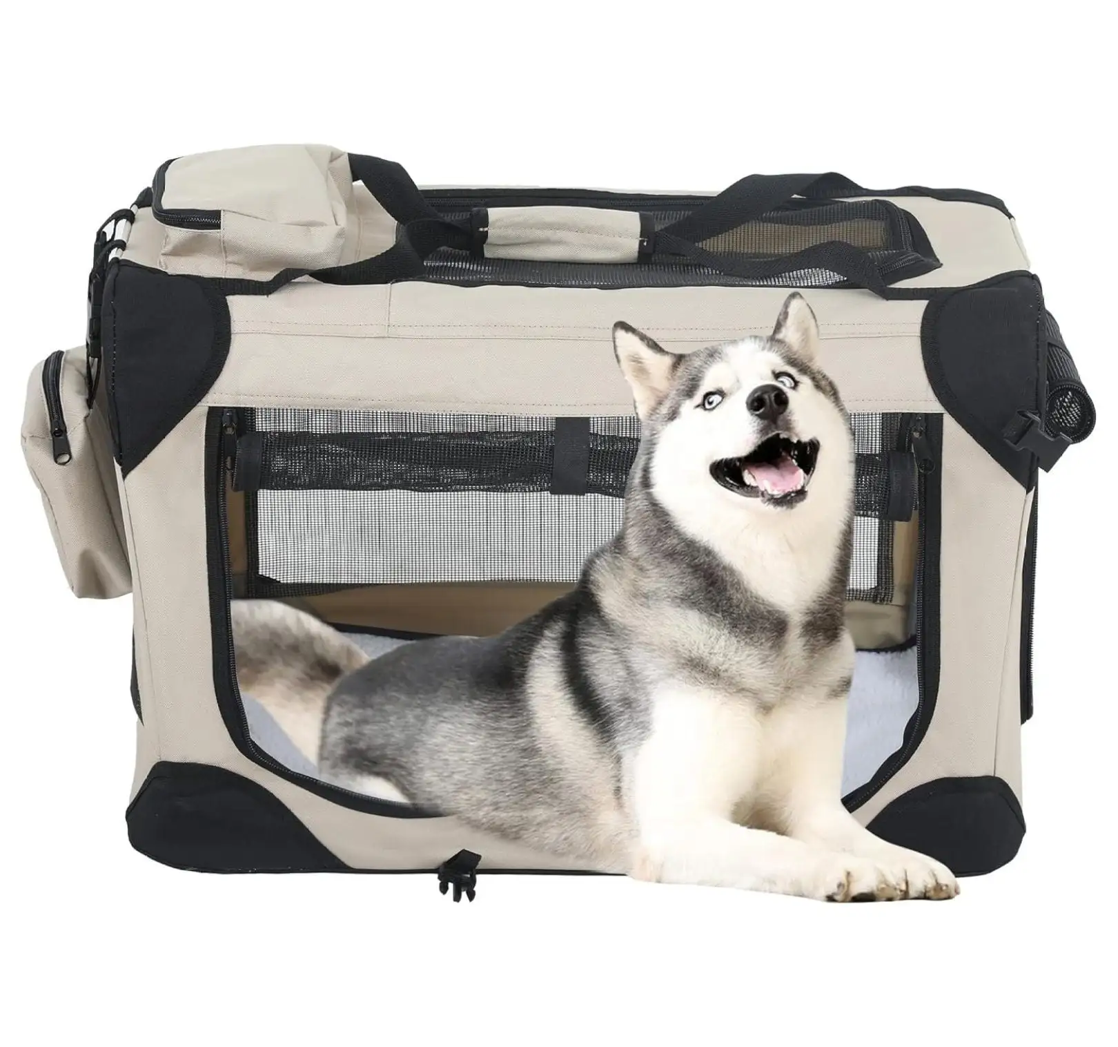 42 inch Collapsible Dog Crate for Large Dogs. 3-Door Portable Folding Soft Dog Crate Dog Kennel Lightweight Foldable Travel Dog Crate with Mesh Windows for Indoor Outdoor Travel.Beige