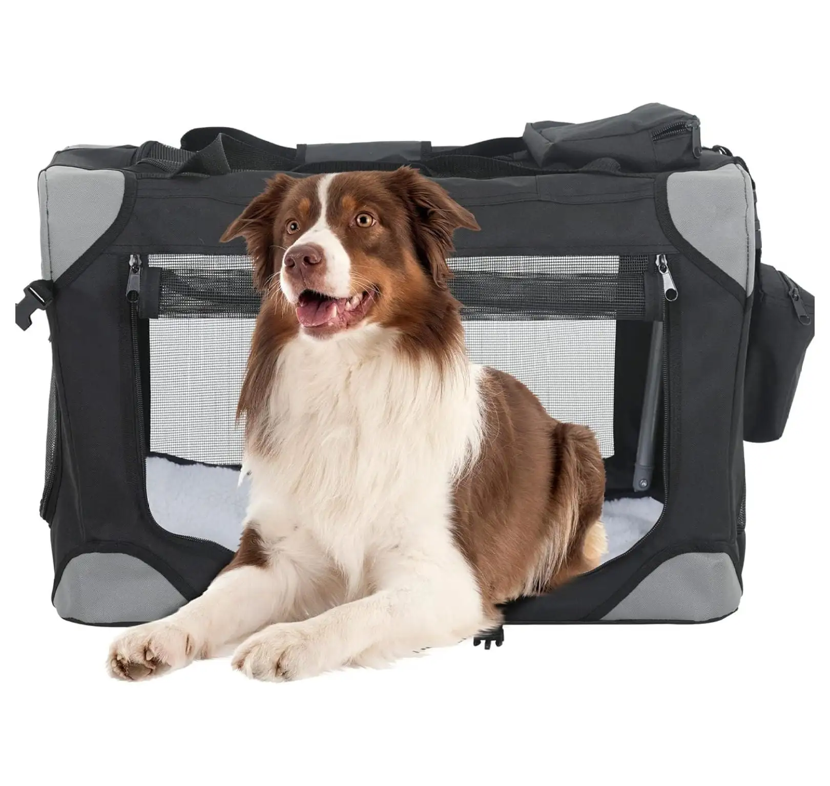 42 inch Collapsible Dog Crate for Large Dogs. 3-Door Portable Folding Soft Dog Crate Dog Kennel Lightweight Foldable Travel Dog Crate with Mesh Windows for Indoor Outdoor Travel.Black