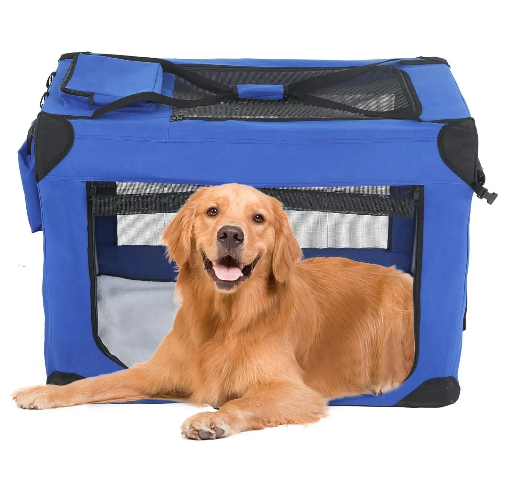 42 inch Collapsible Dog Crate for Large Dogs. 3-Door Portable Folding Soft Dog Crate Dog Kennel Lightweight Foldable Travel Dog Crate with Mesh Windows for Indoor Outdoor Travel.Blue