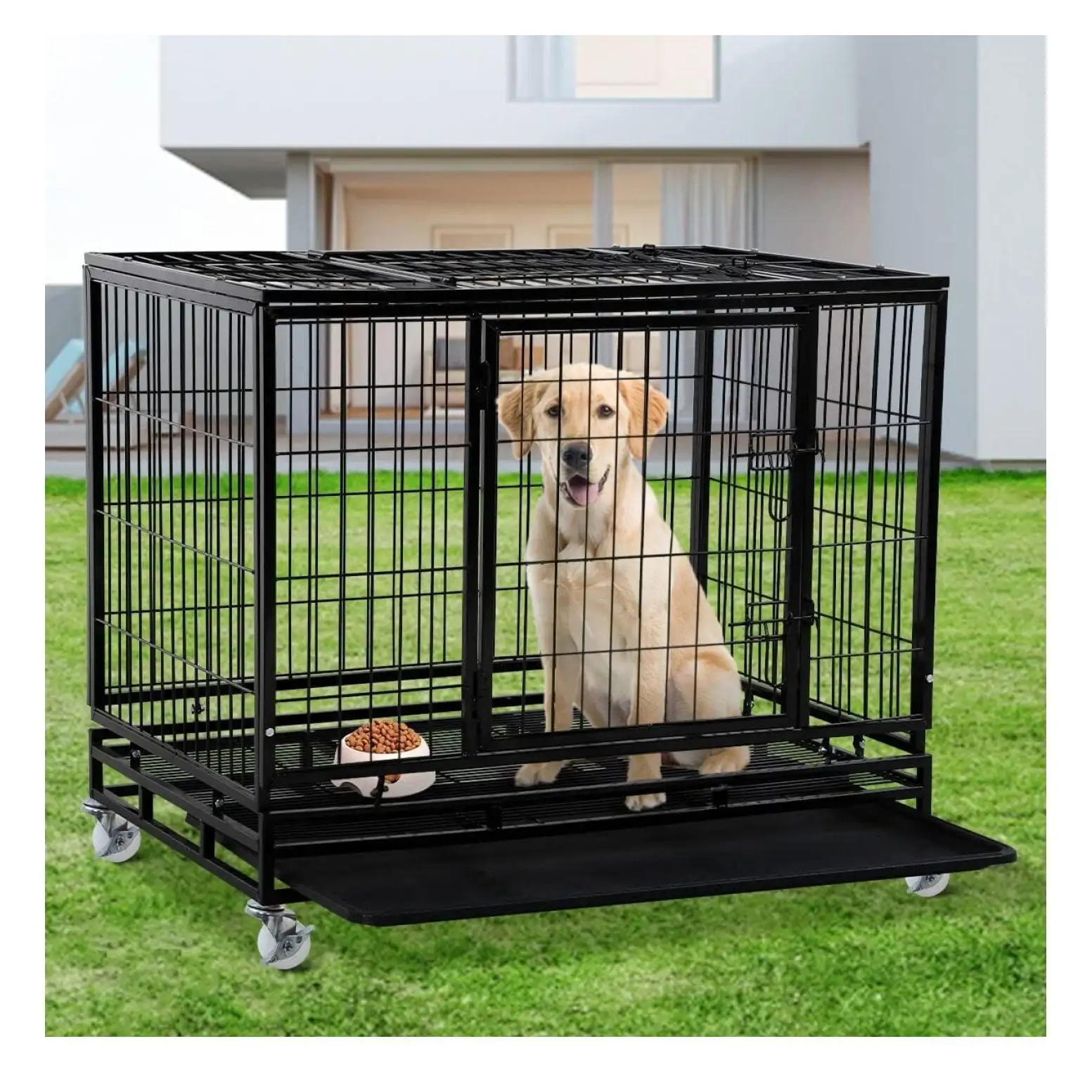 42 inch Dog Cage Heavy Duty XL Dog Crate and Kennels with Wheels & Tray Dog Kennel with Double Doors for Dog Training