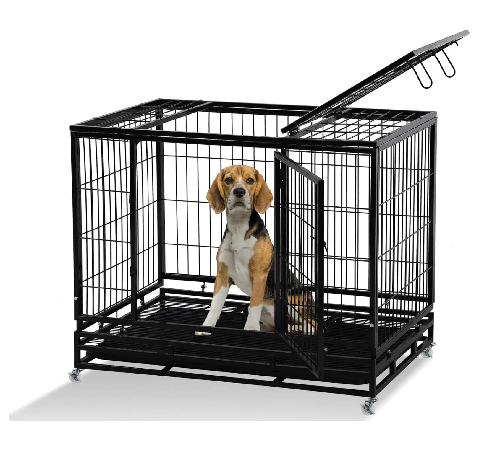 42 inch Heavy Duty Dog Crate. Indestructible Dog Crates for Large Dogs. Stackable Dog Cage Dog Kennel with Wheels. Removable Tray. Indoor Outdoor Extra Large Dog Crate with Double Door & Locks Design