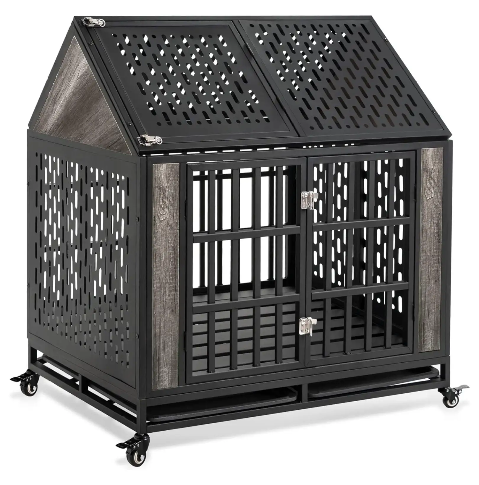 42 inch Heavy Duty Dog Crate for Medium to Large Dogs. Indestructible Kennel for High Anxiety Dogs. Two Removable Trays and Lockable Wheel. Chew Proof Pet Cage Indoor. Gray