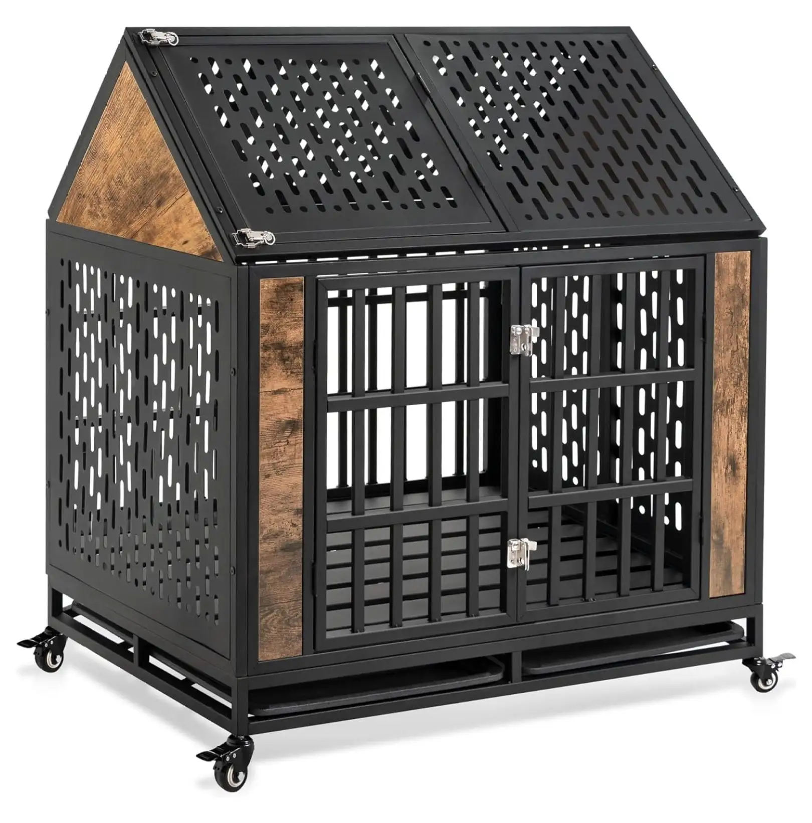 42 inch Heavy Duty Dog Crate for Medium to Large Dogs. Indestructible Kennel for High Anxiety Dogs. Two Removable Trays and Lockable Wheel. Chew Proof Pet Cage Indoor