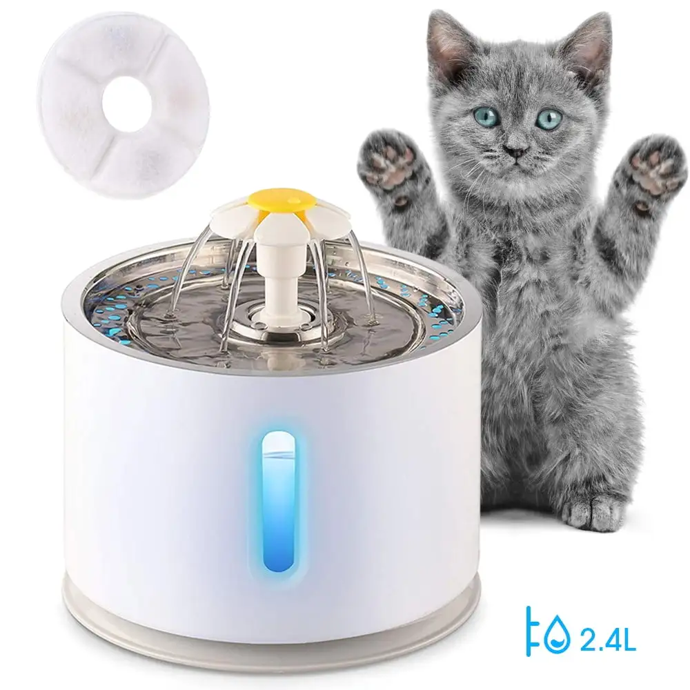 Topchances Pet Fountain with Mild Blue LED Light- Automatic water fountain for cats & small dogs. promotes hydration. filters included. 2.4L capacity(White. Plastic PP+Stainless Steel)