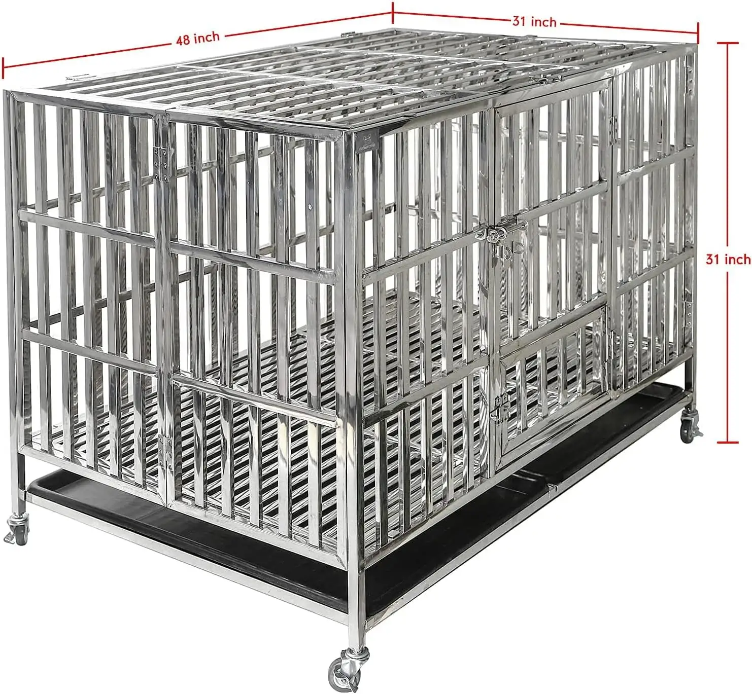 42inch Heavy Duty Dog Crate Cage Kennel with Wheels. Full Stainless Steel High Anxiety Indestructible Dog Crate. Sturdy Locks Design. Double Door Small Door Design & Removable Tray Design